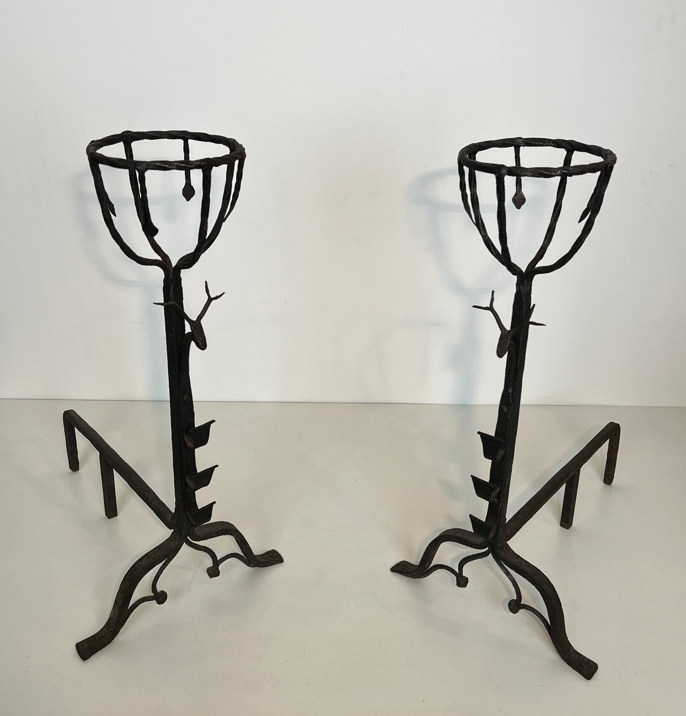 Important Pair of Wrought Iron Landiers Andirons with Deer Heads