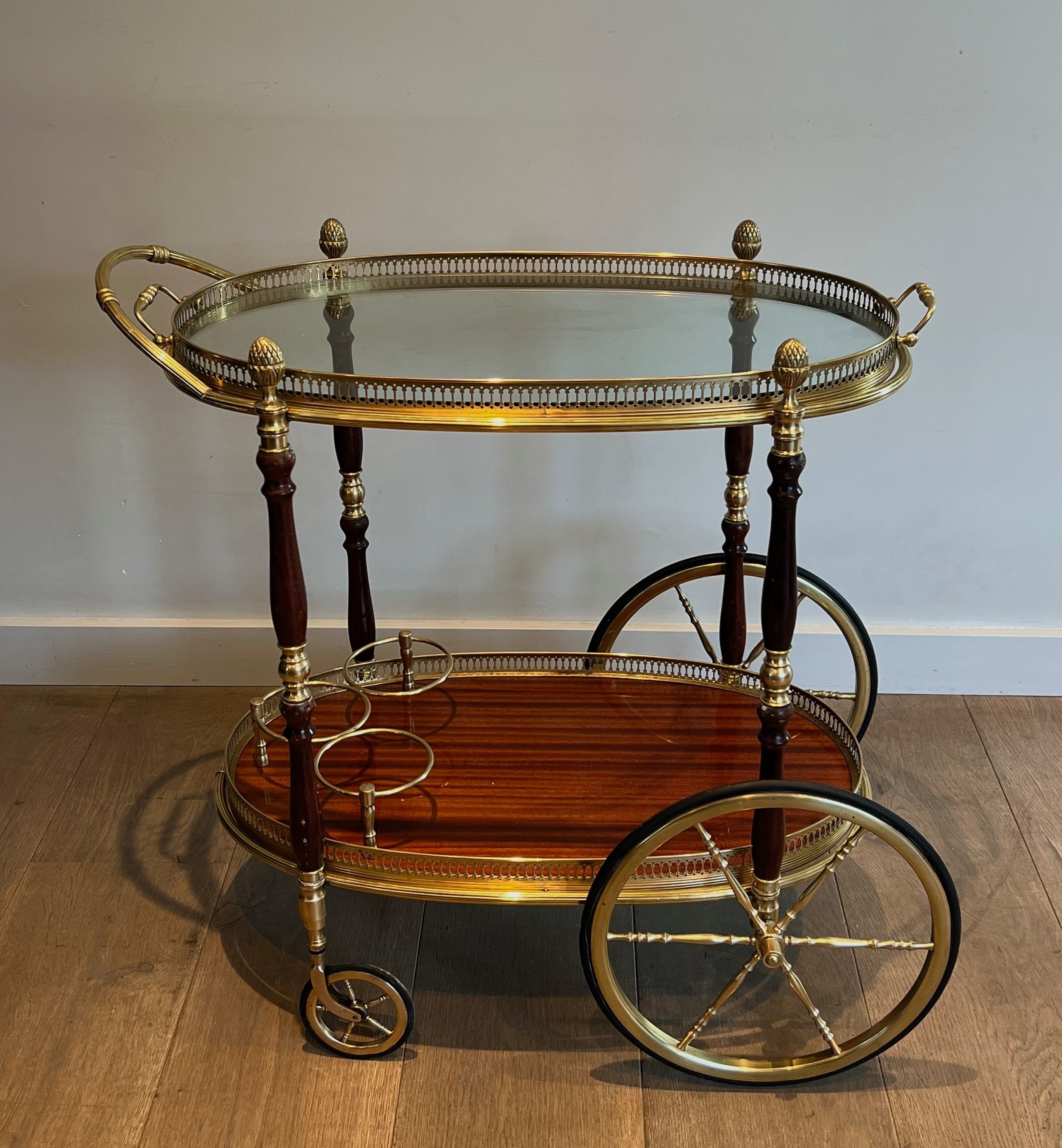 Oval Brass and Mahogany Drinks Trolley by Maison Bagués