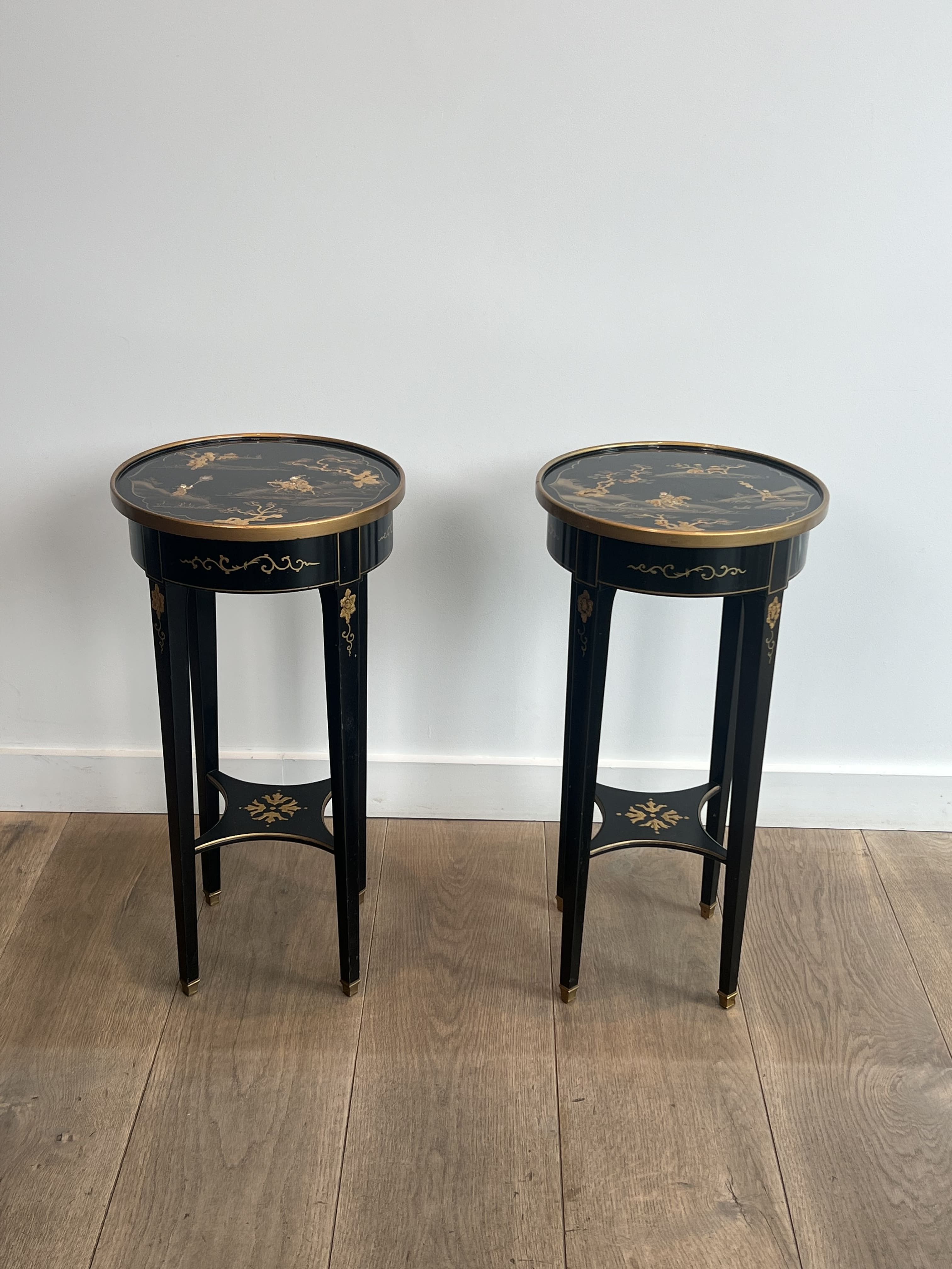 Pair of Maison Hirsh Black Lacquered Pedestals with Gilded Decor, Circa 1970