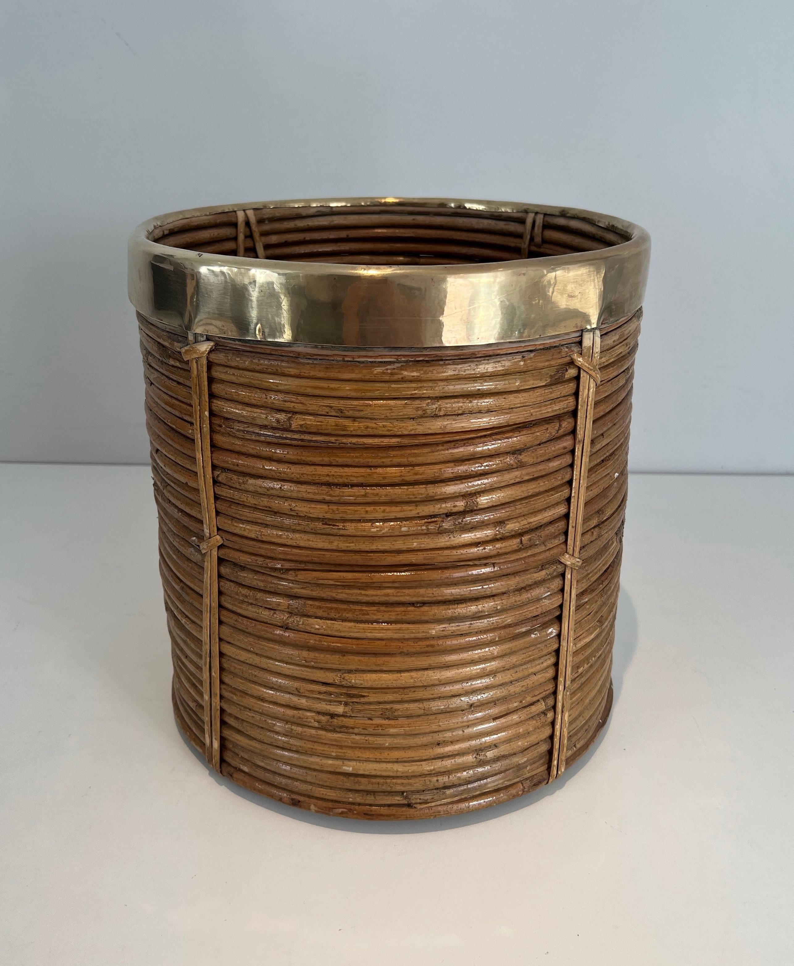 Rattan and Brass Wastebasket in The Style of Gabriela Crespi