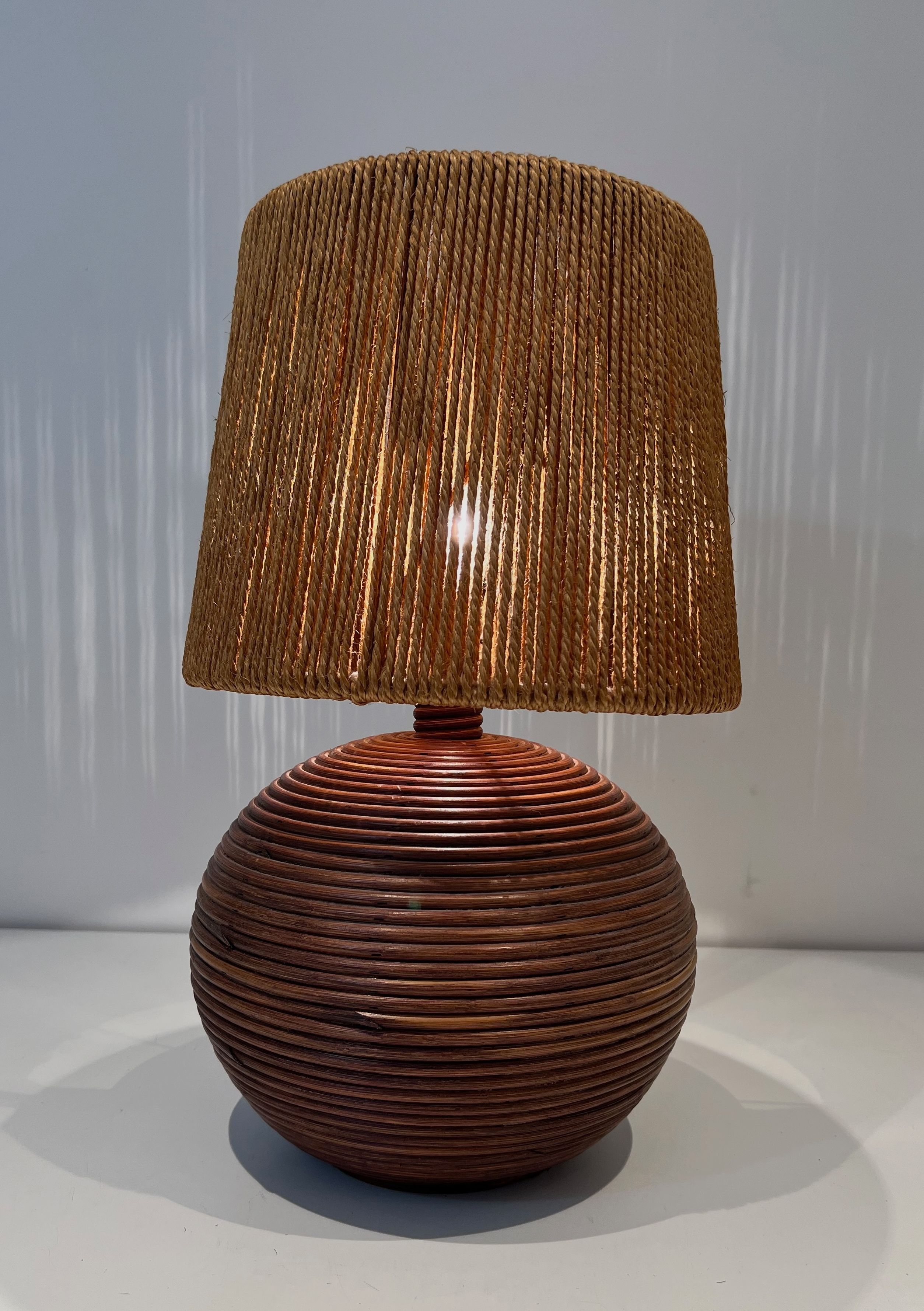 Round Rattan Lamp with Rope Lampshade in the Style of Adrien Adoux and Frida Minet