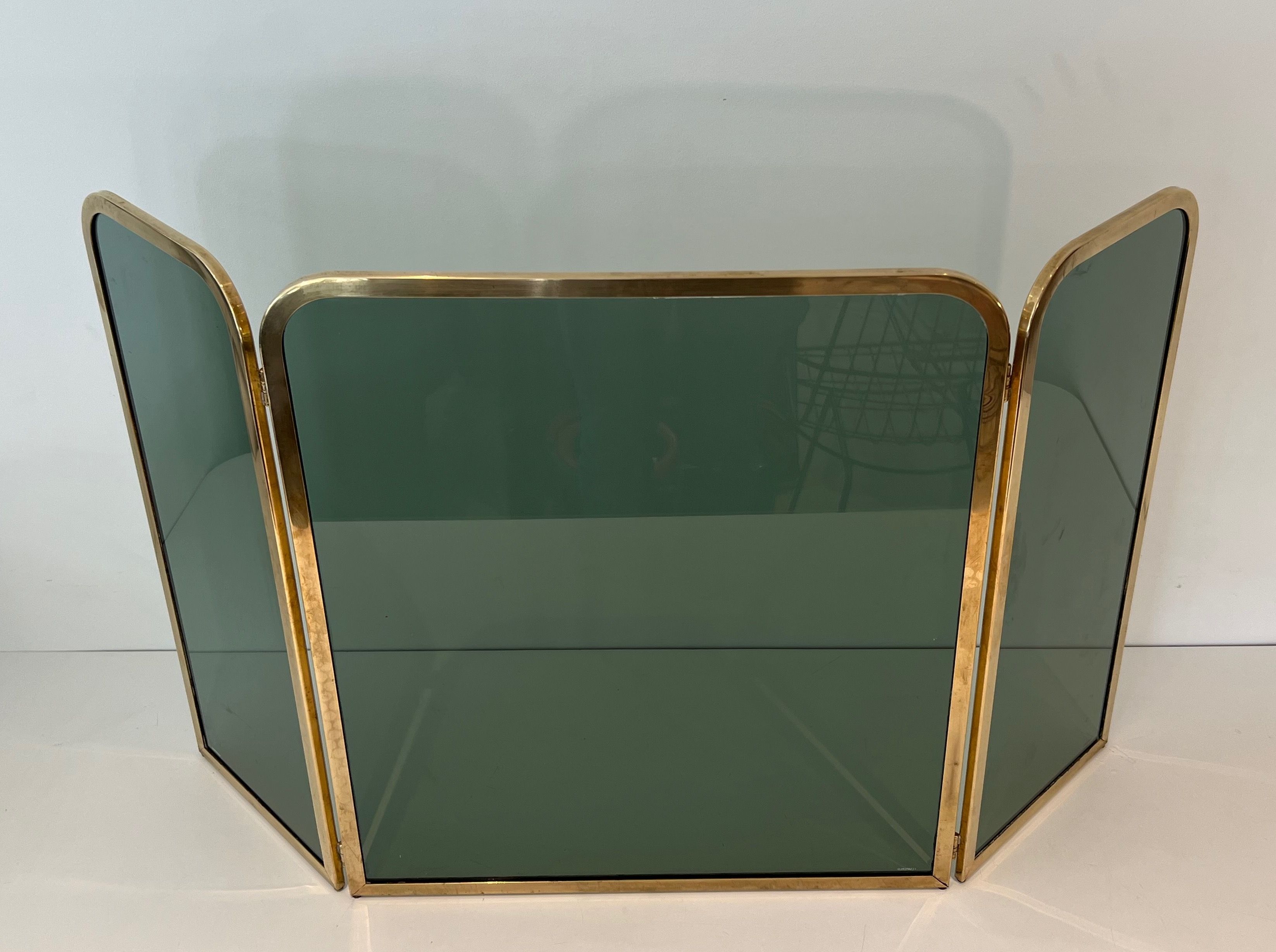 Fireplace Screen Made of 3 Greenish Glass Panels Surrounded by a Brass Frame