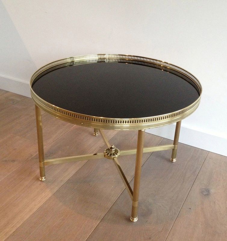 Round Brass Coffee Table with Black Lacquered Glass Top by Maison Jansen