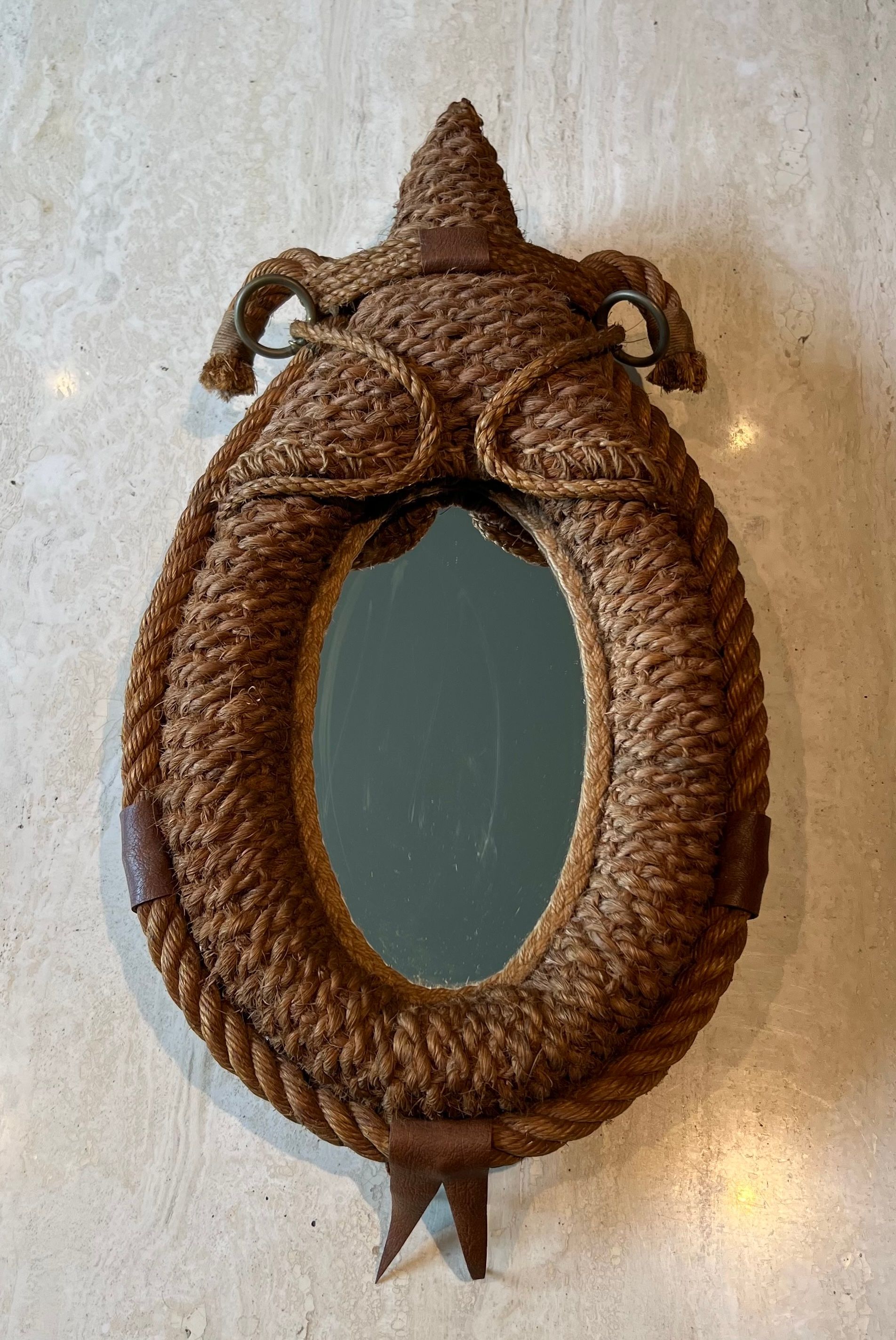 Oval Rope and Leather Mirror by Audoux Minet