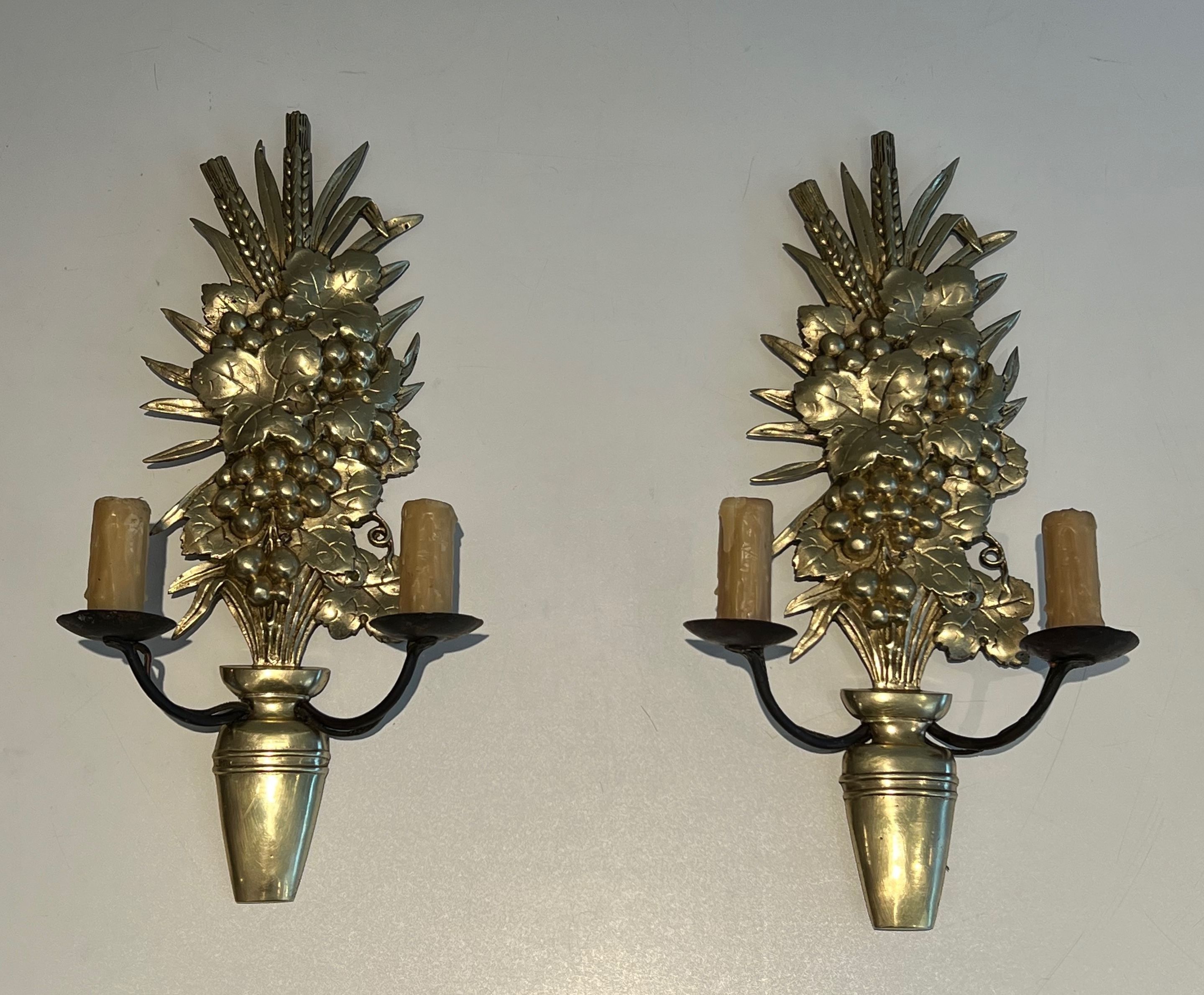 Pair of Bronze and Wrought Iron Wall Lights Representing a fruit Bowl