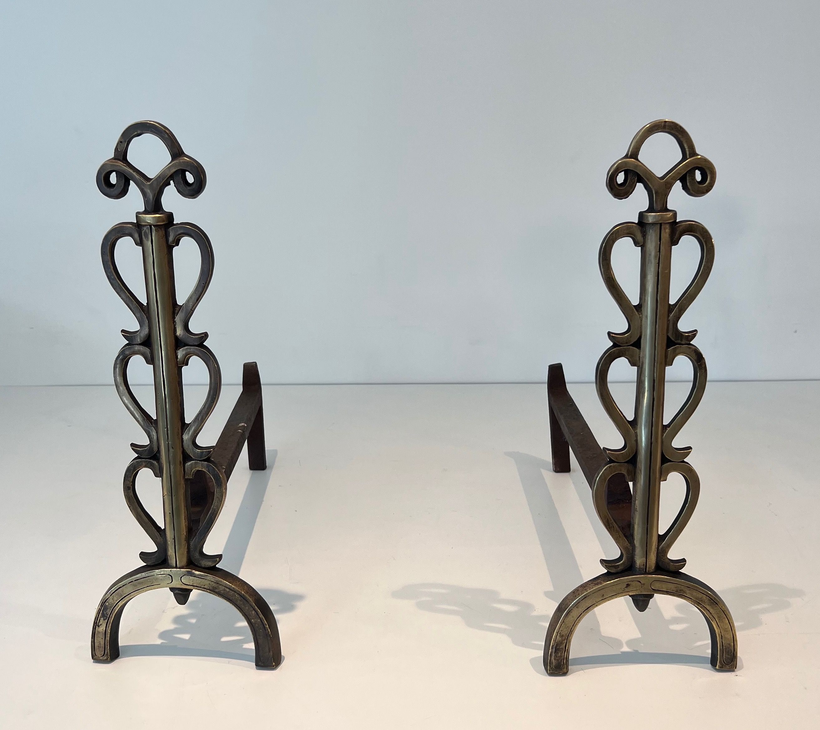 Pair of Brass Andirons in the Style of Raymond Subes