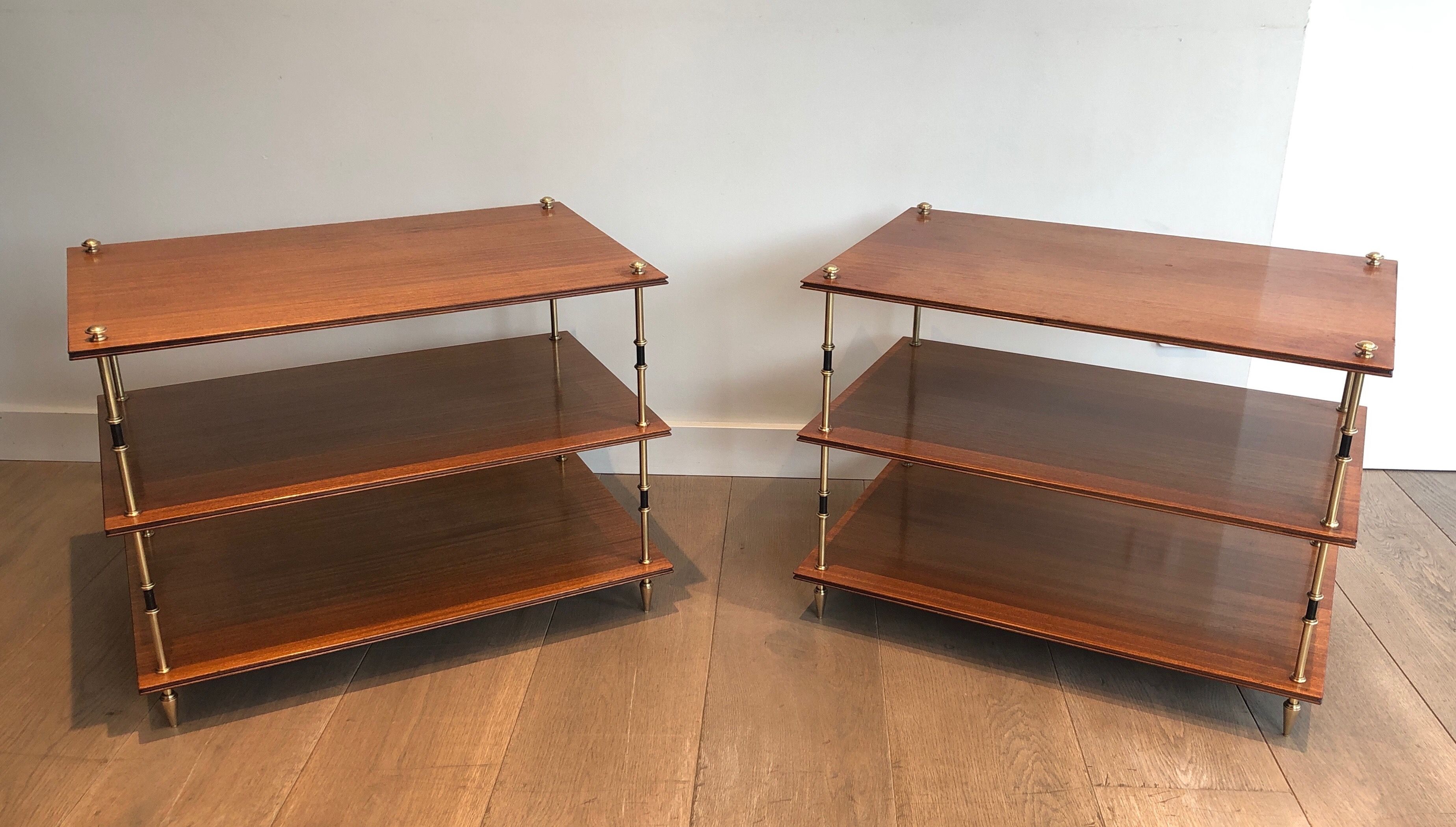 Pair of Mahogany and Brass Three Tiers Console Tables or Side Tables By Maison Jansen