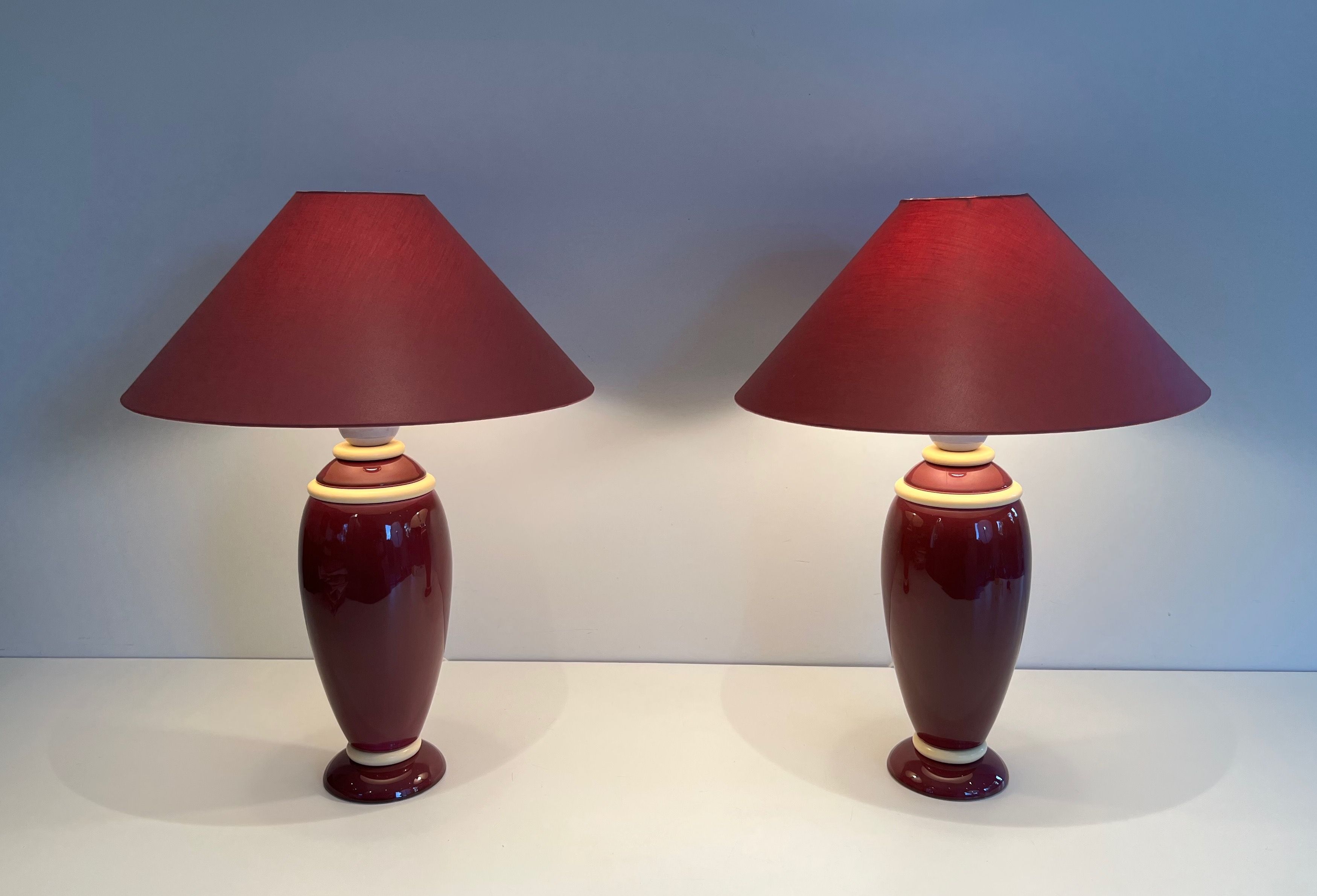 Pair of Ceramic Lamps in Pink and Cream Tones