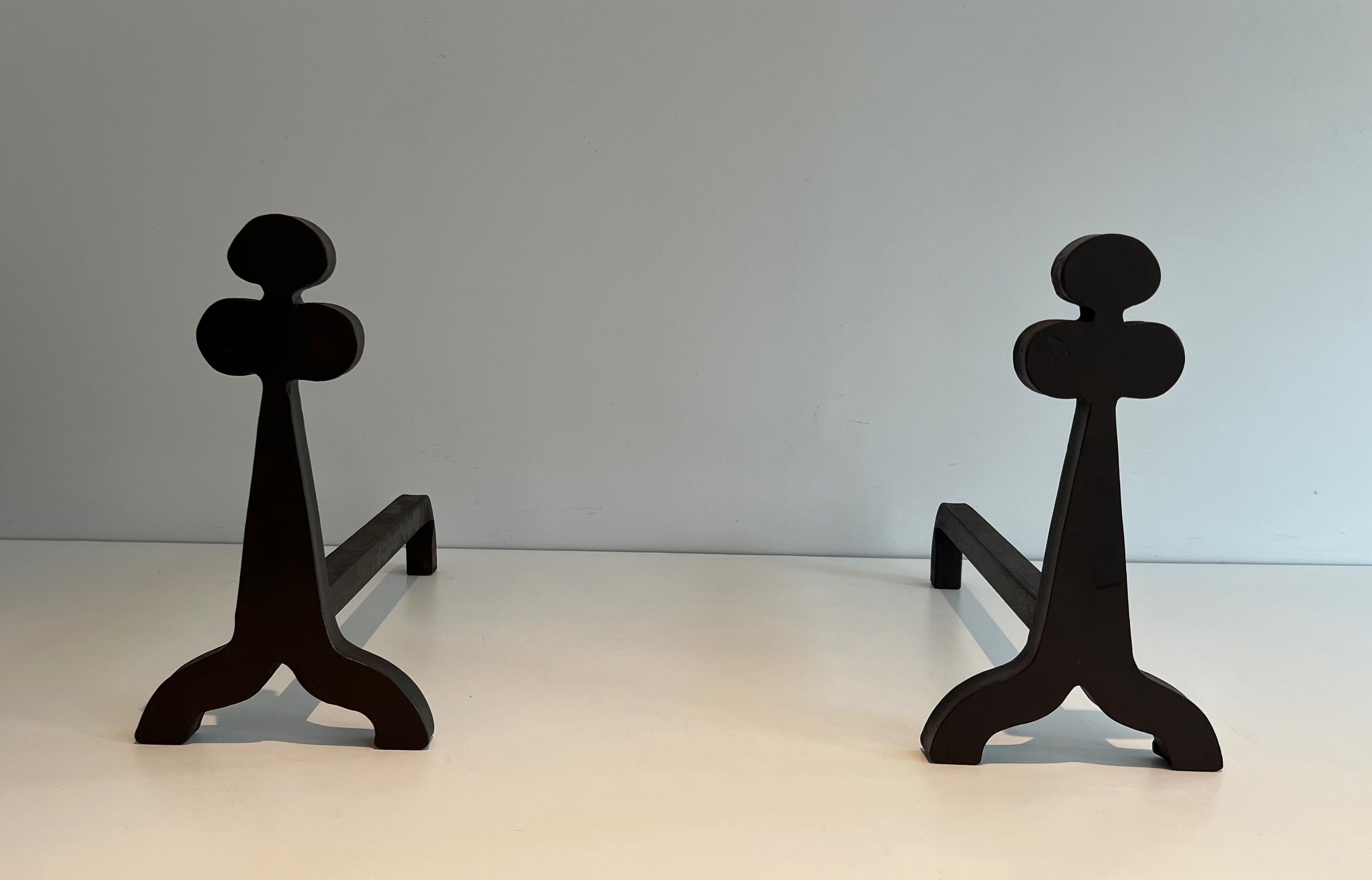 Pair of Steel and Wrought Iron Clovers Andirons