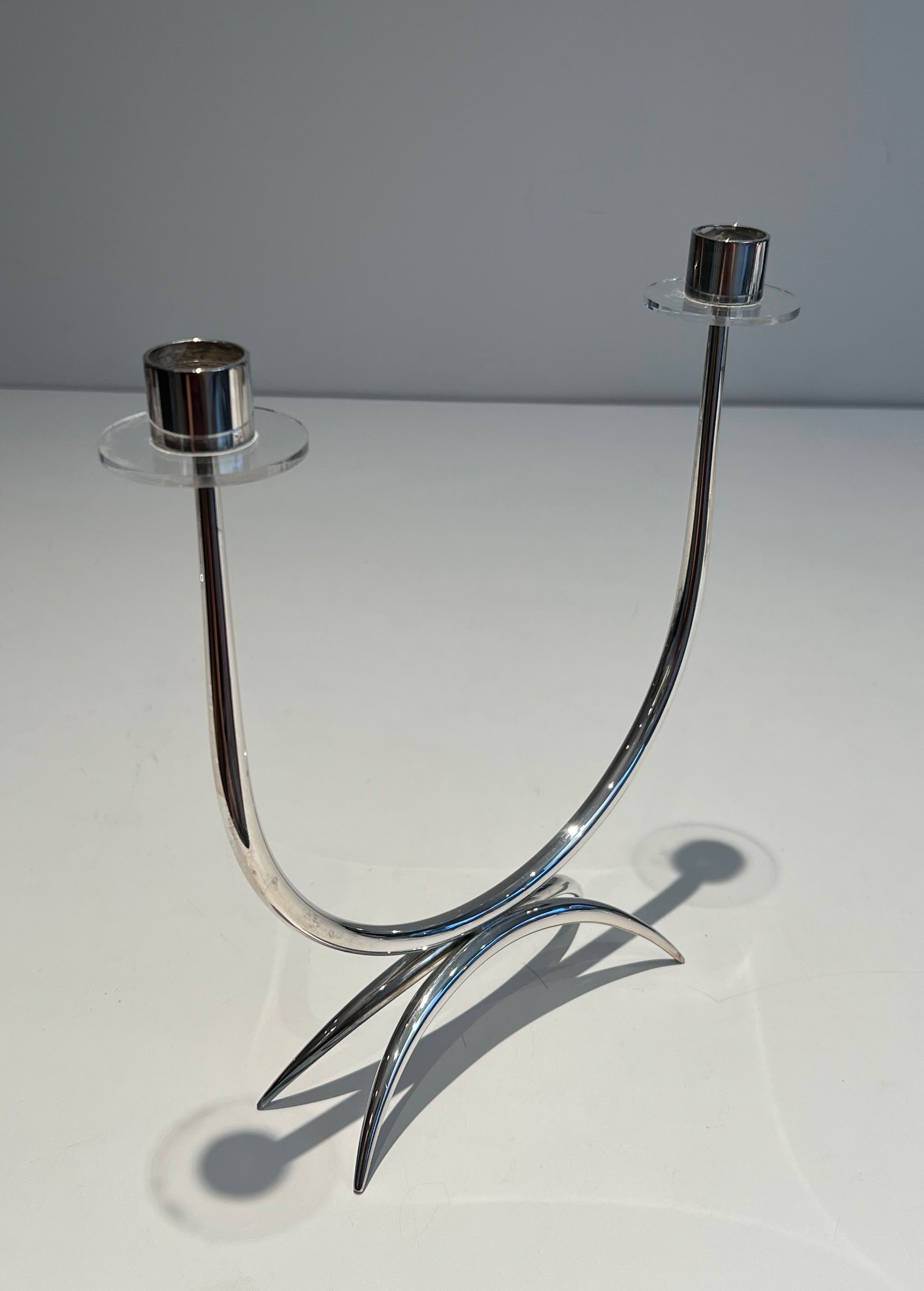 Design Silvered Metal and Lucite Candlestick