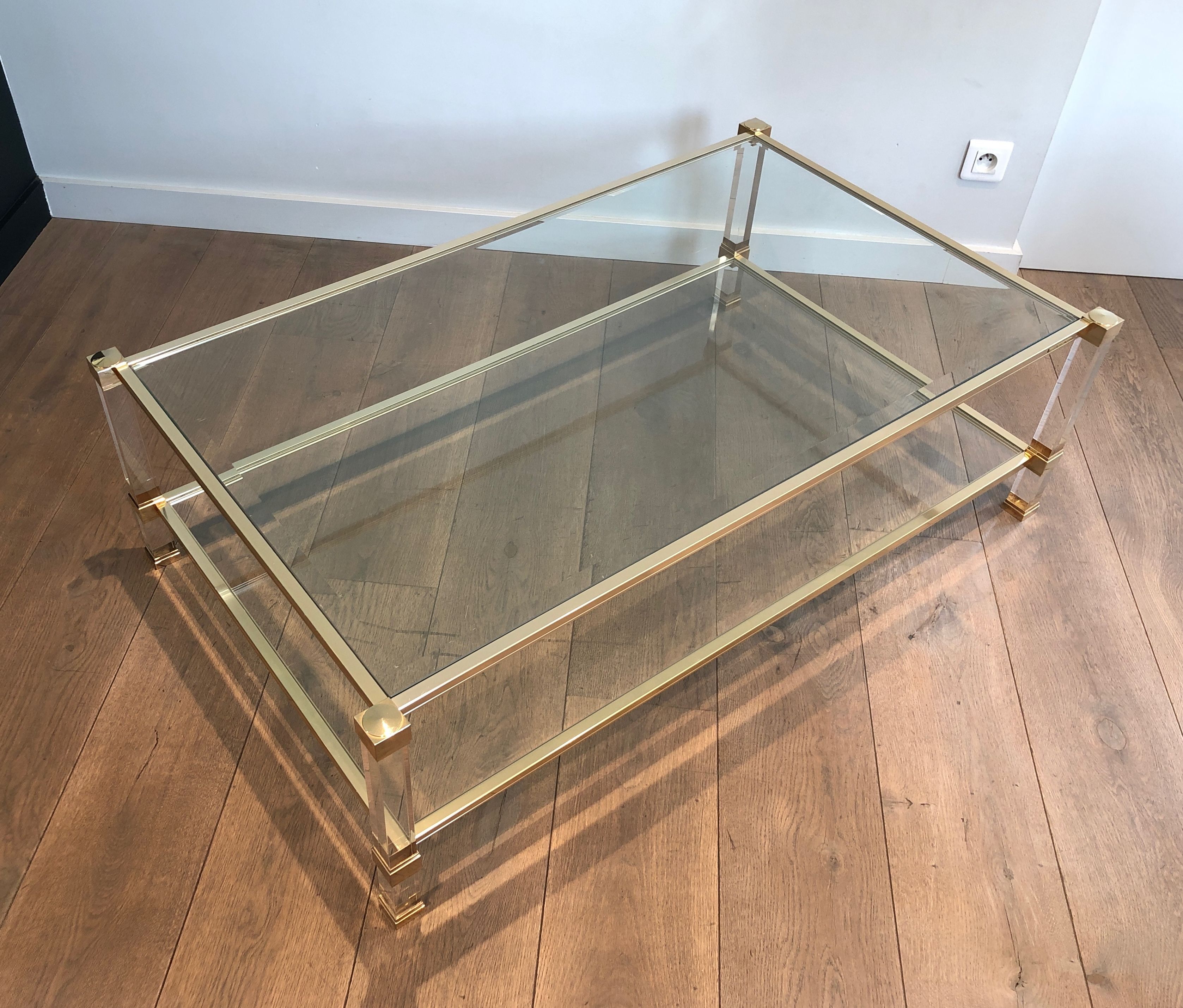 Large Lucite and Gilt Metal Coffee Table by Pierre Vandel