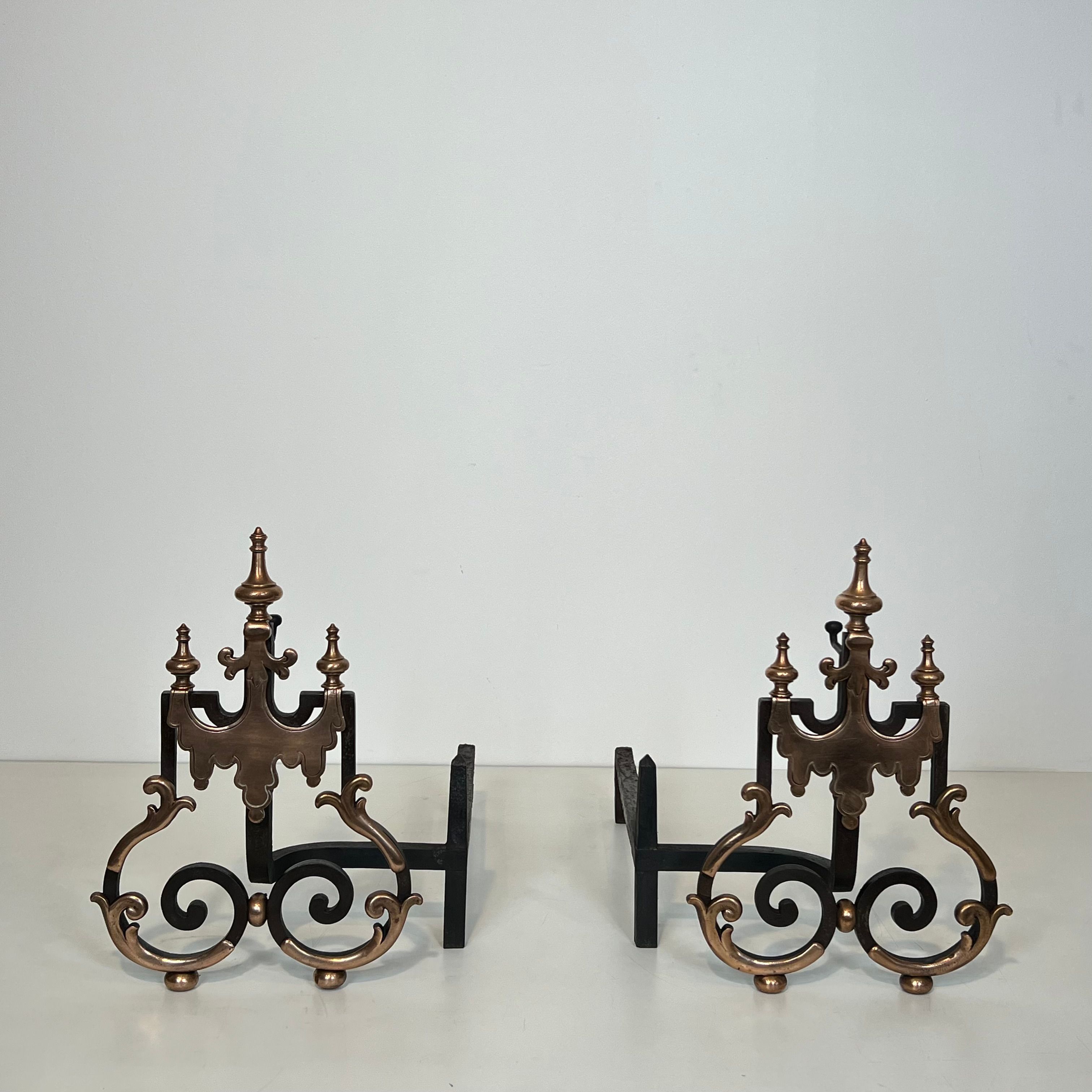 Large Pair of Wrought Iron and Copper Andirons 
