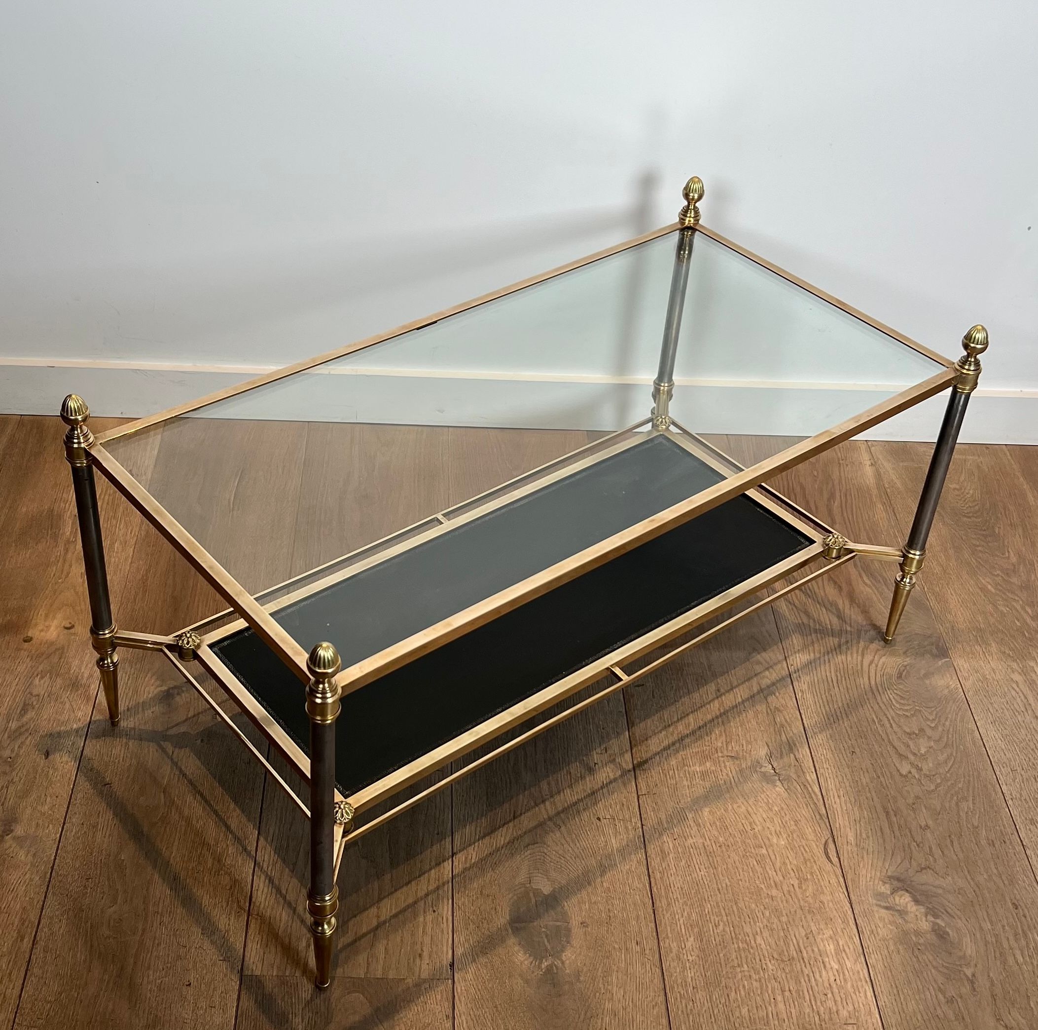 Brass Coffee Table with Blkack Leather and Glass Shelves by Maison Jansen