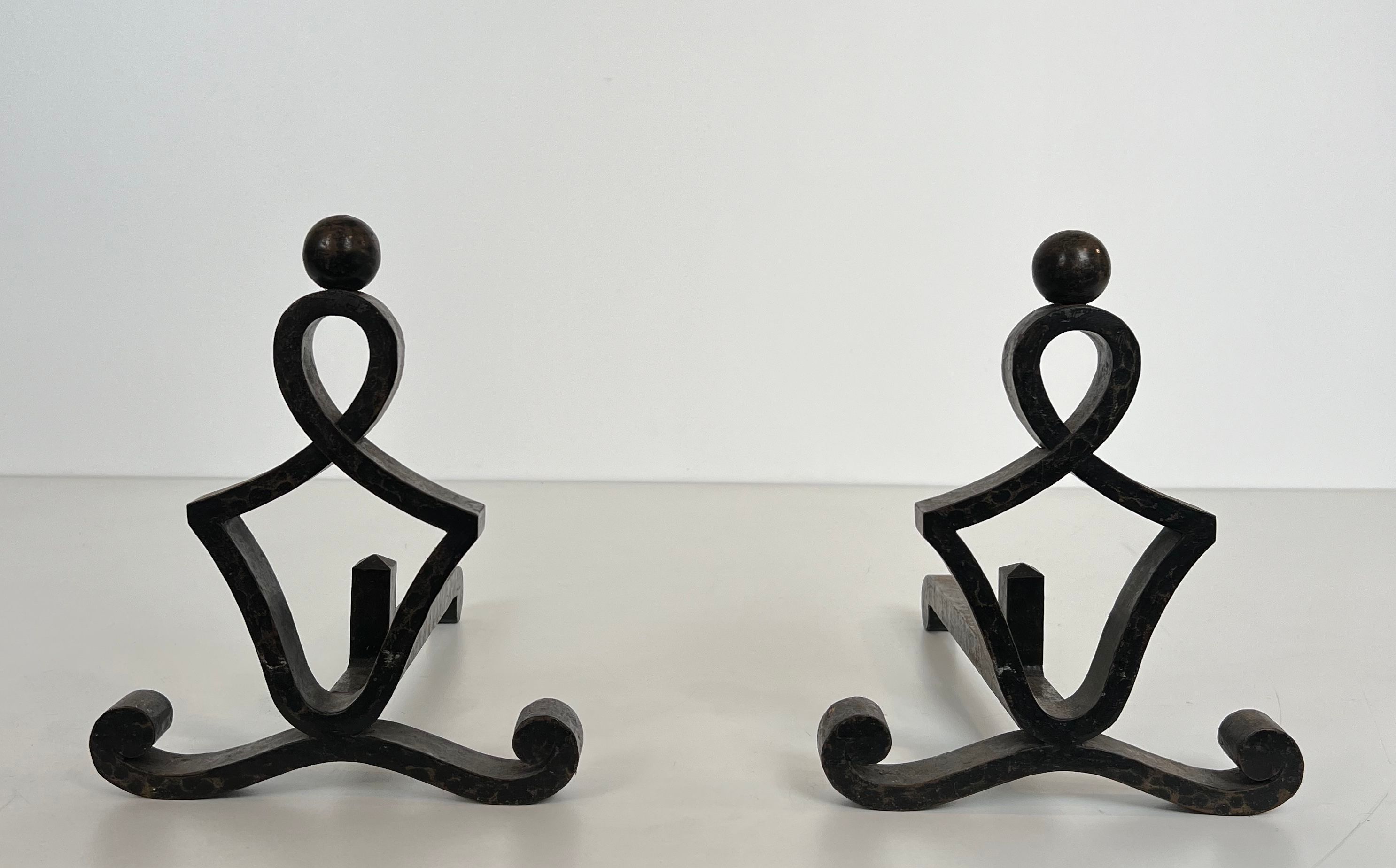 Pair of Modernist Wrought Iron Andirons