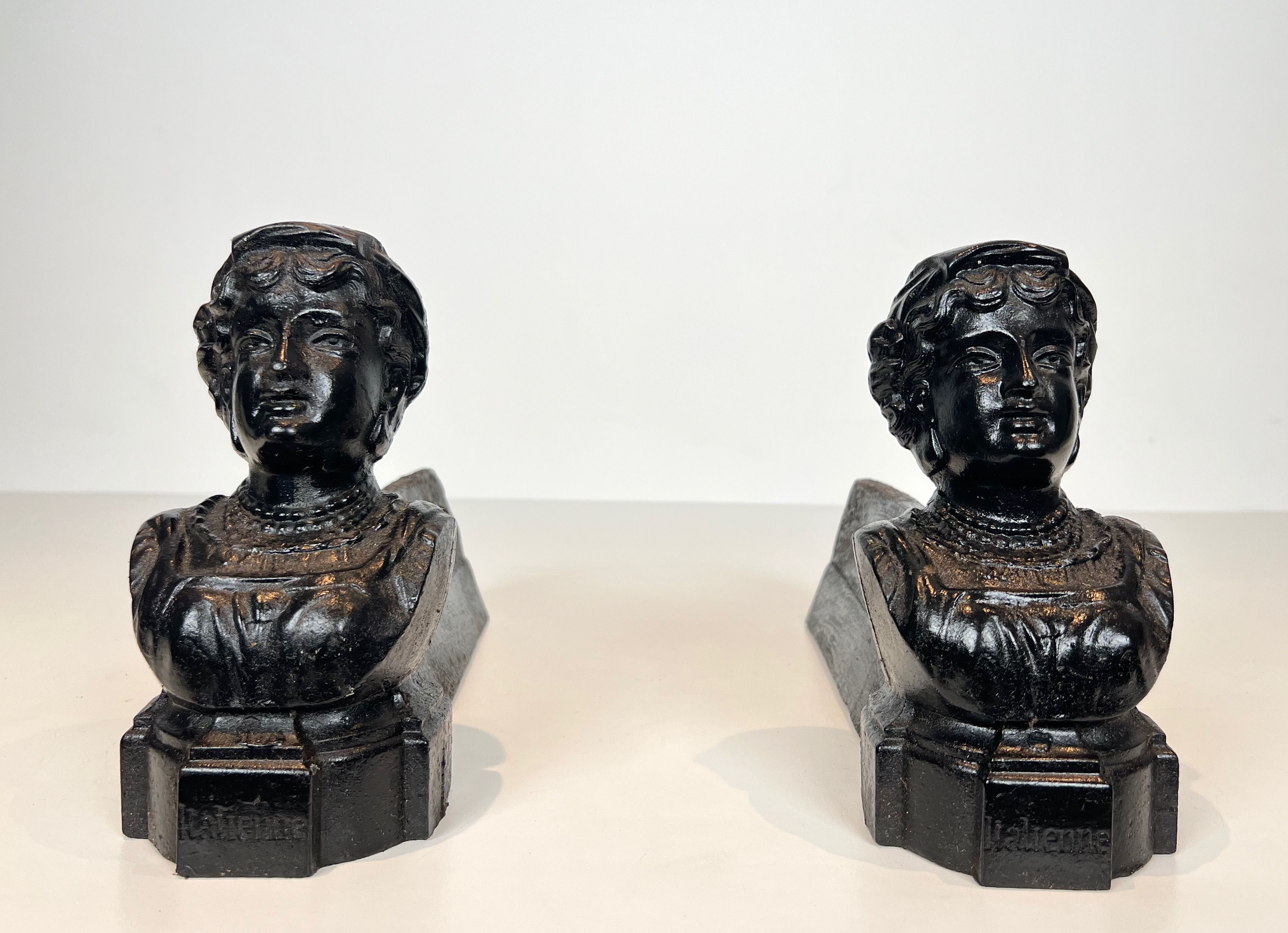 Pair of Cast Iron Andirons representing an Italian Woman