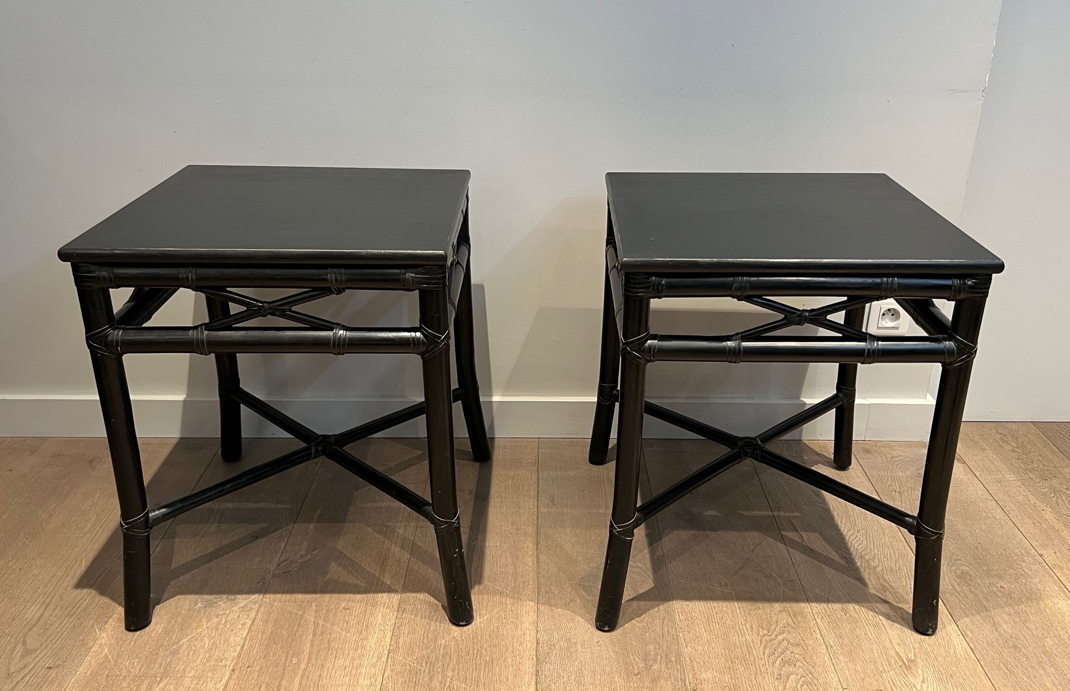 Pair of Black Lacquered Faux-Bamboo Side Tables