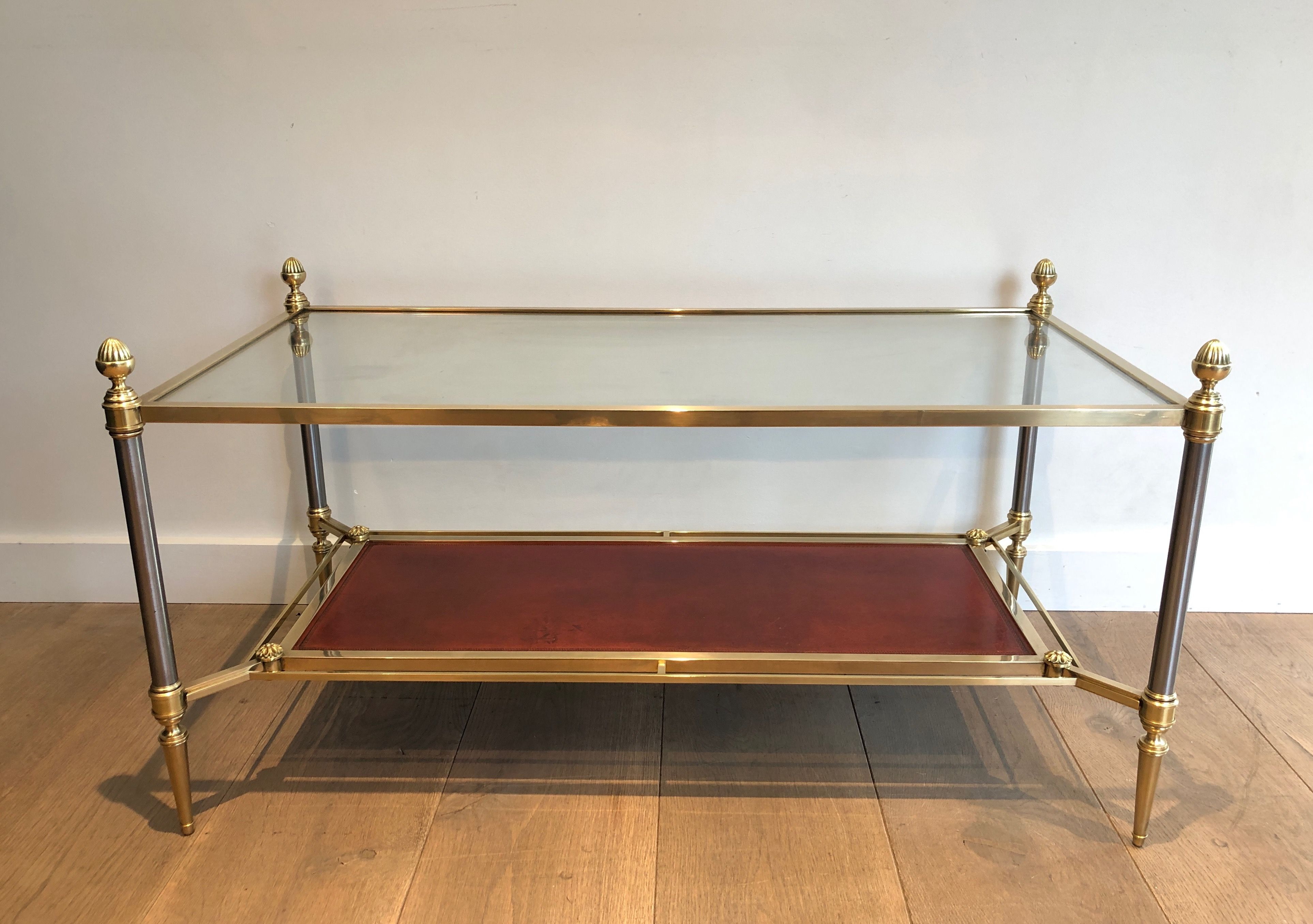 Table Basse en Laiton et Plateau de Cuir Rouge de la Maison Jansen