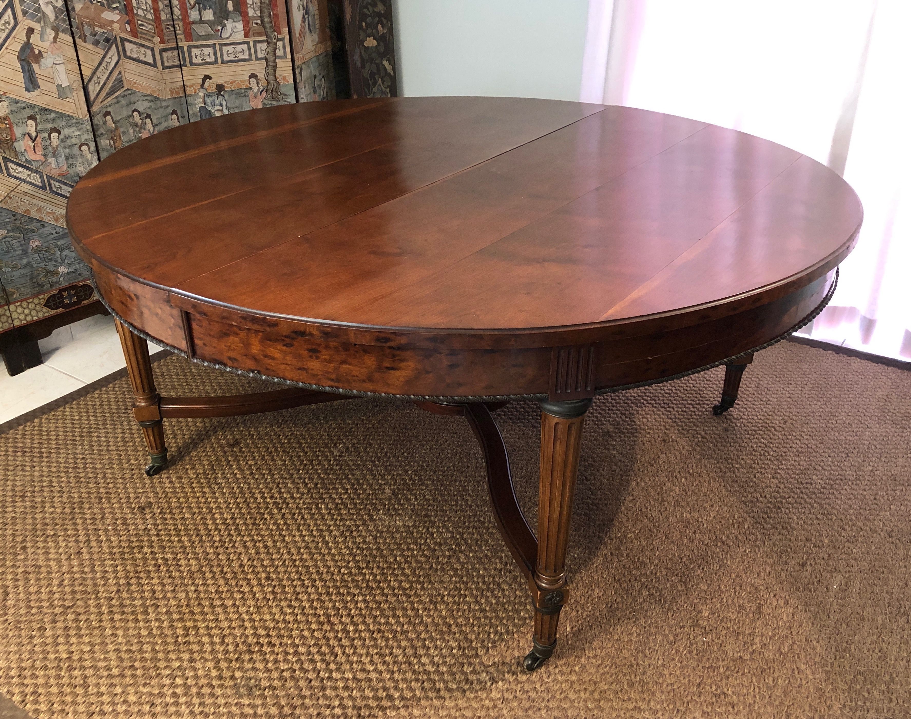 Large Pedestal Table with Central Leg in Mahogany, Brass and Bronze and Which Can Form a Large Dining Room Table