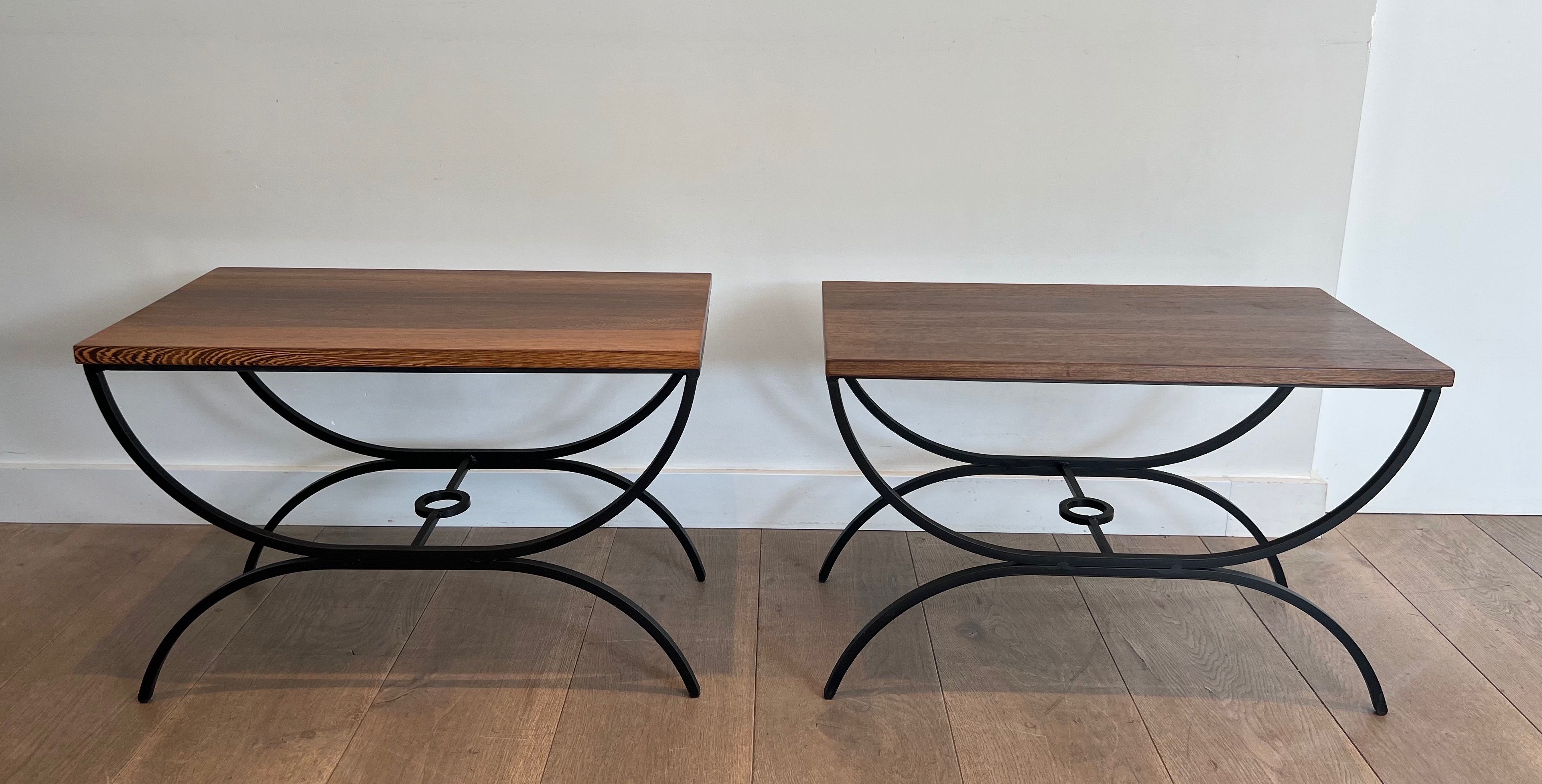 Pair of Black Lacquered Metal and Exotic Wood Side Tables