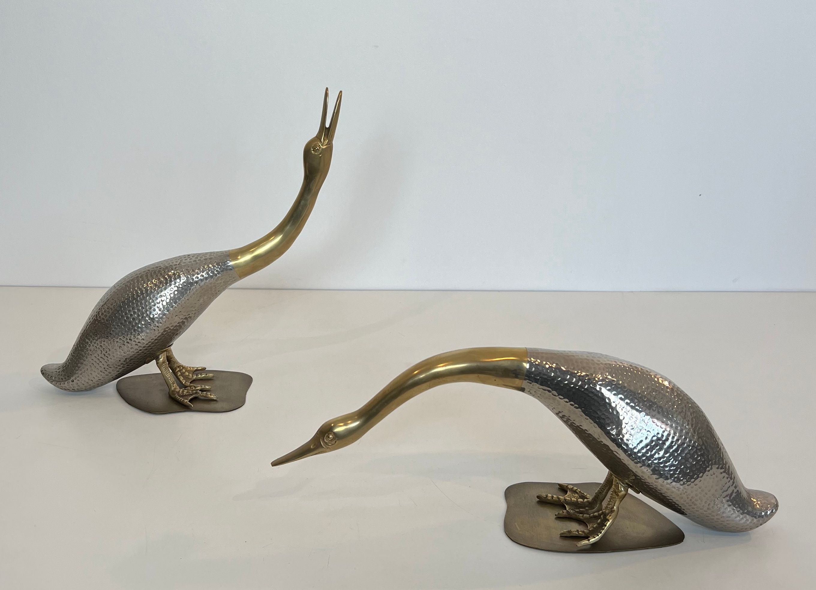 Suite de 2 Canards en Métal Argenté et Laiton