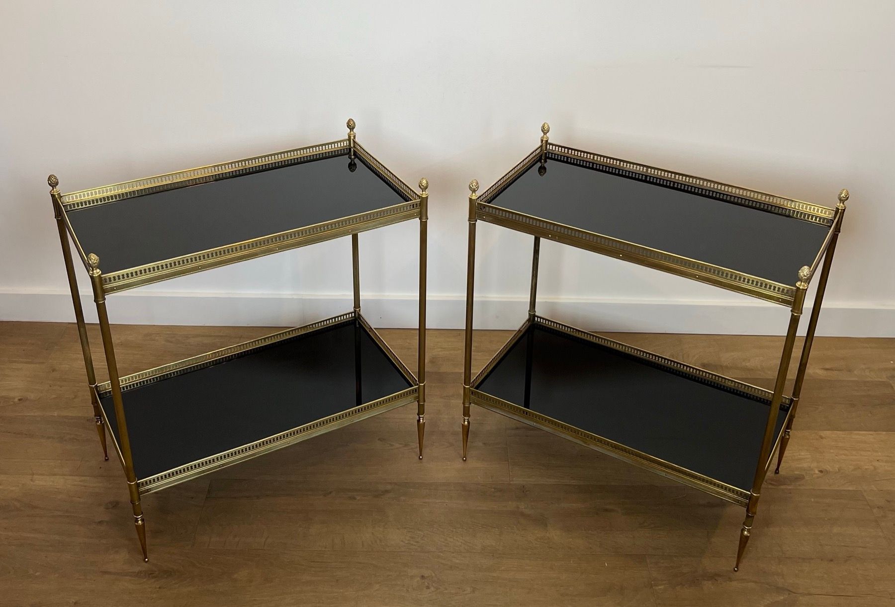 Pair of Neoclassical Style Brass Side Tables with Black Lacquered Tops by Maison Jansen
