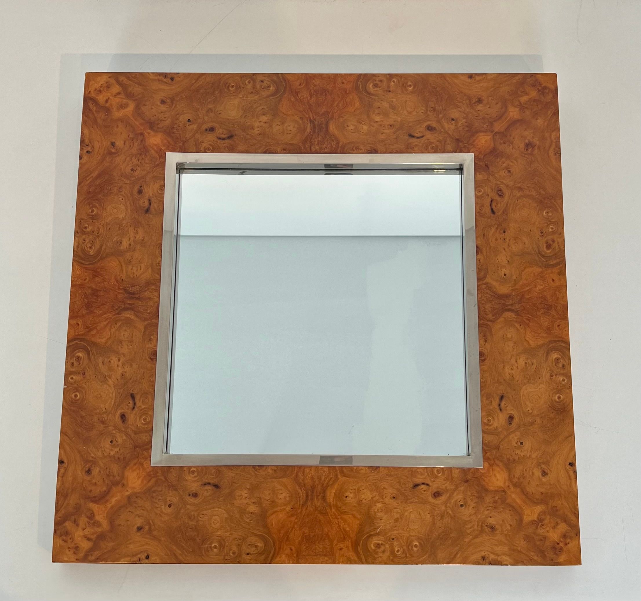 Elm Burl Veneer and Chrome Mirror by Willy Rizzo. Circa 1970