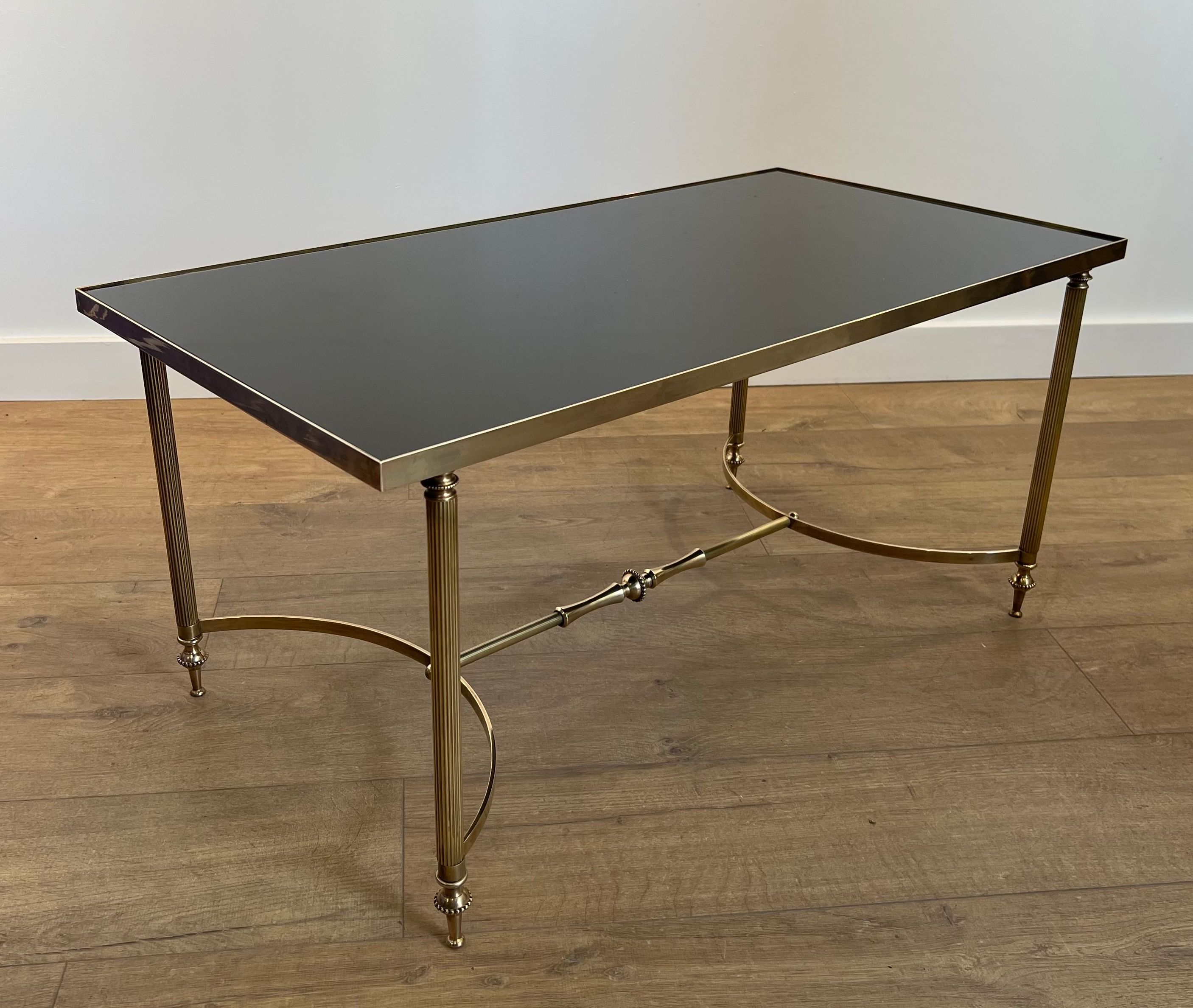 Brass Coffee Table with Black Lacquered Glass Top by Maison Jansen