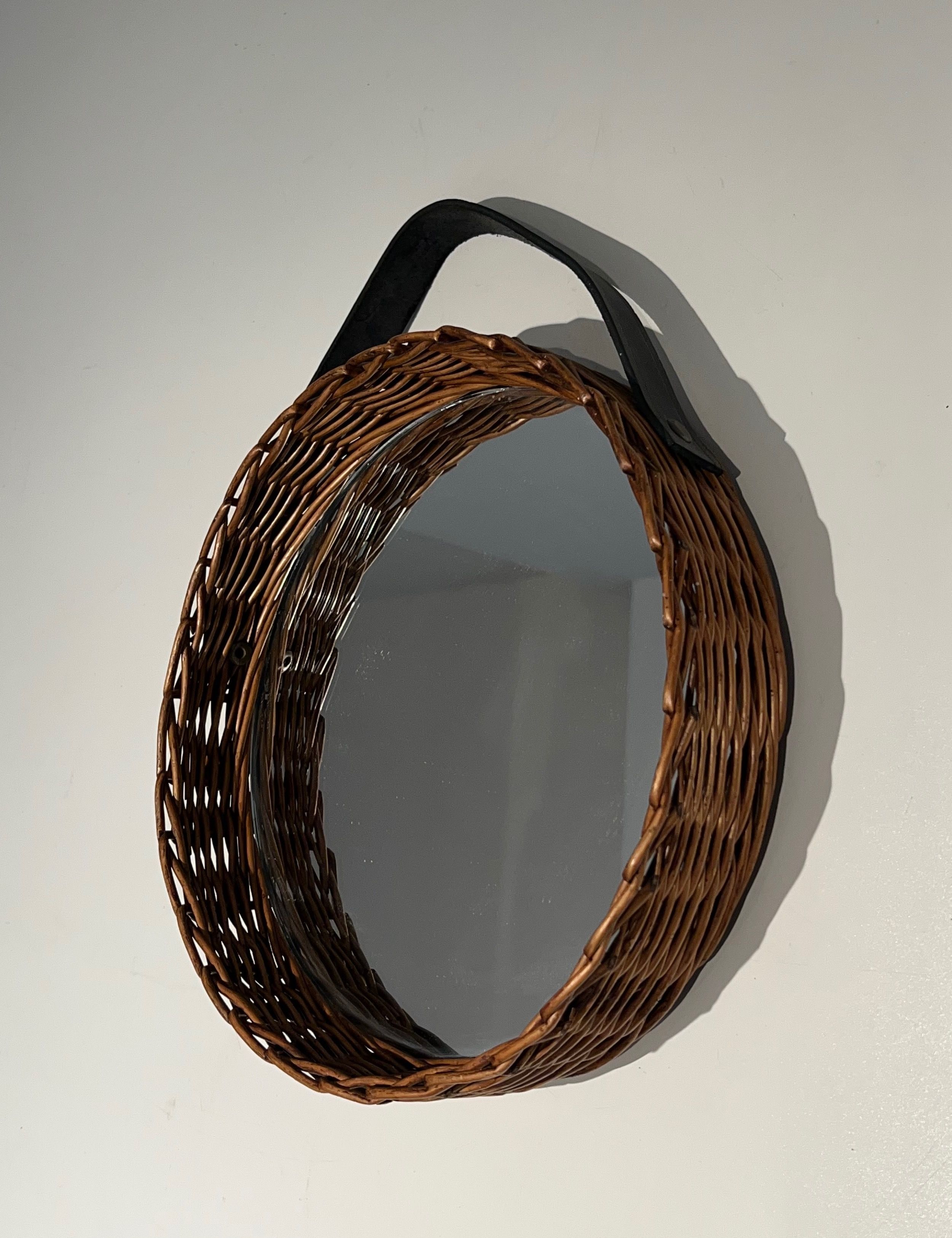 Rattan and Leather Round Mirror