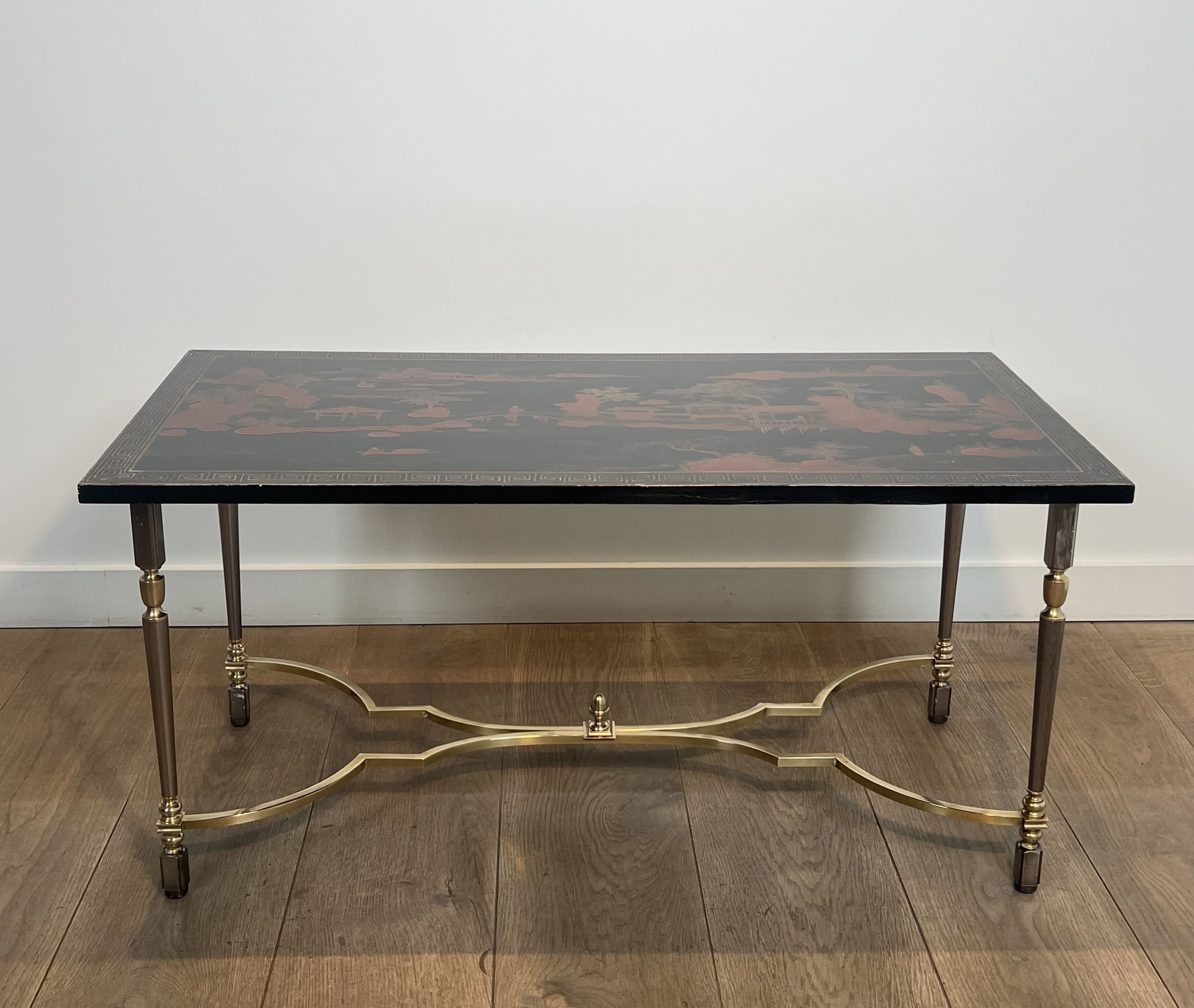 Lacquered Coffee Table with Chinese Decor on Brass Base, Circa 1970