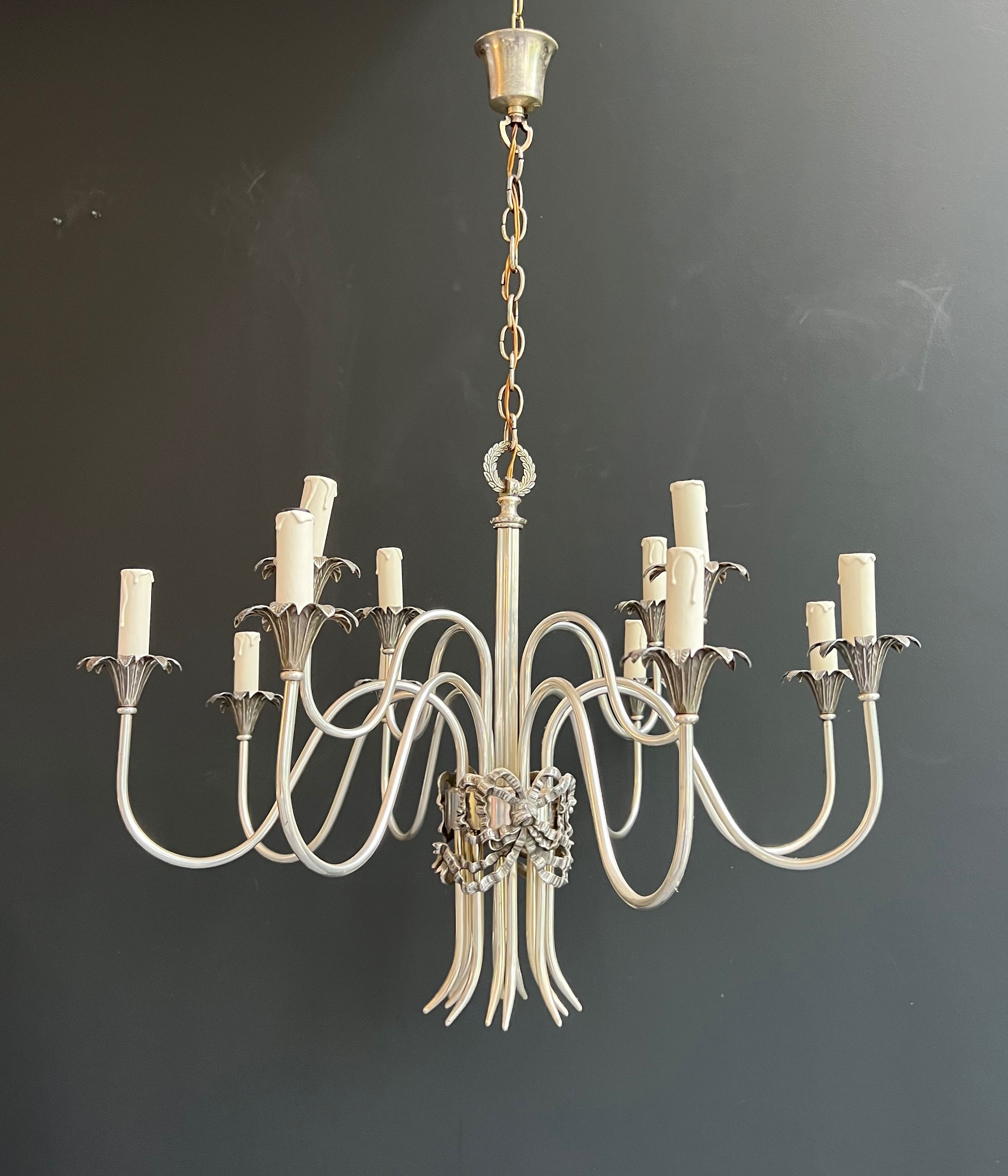 Neoclassical Style Silvered Metal Chandelier by Maison Charles