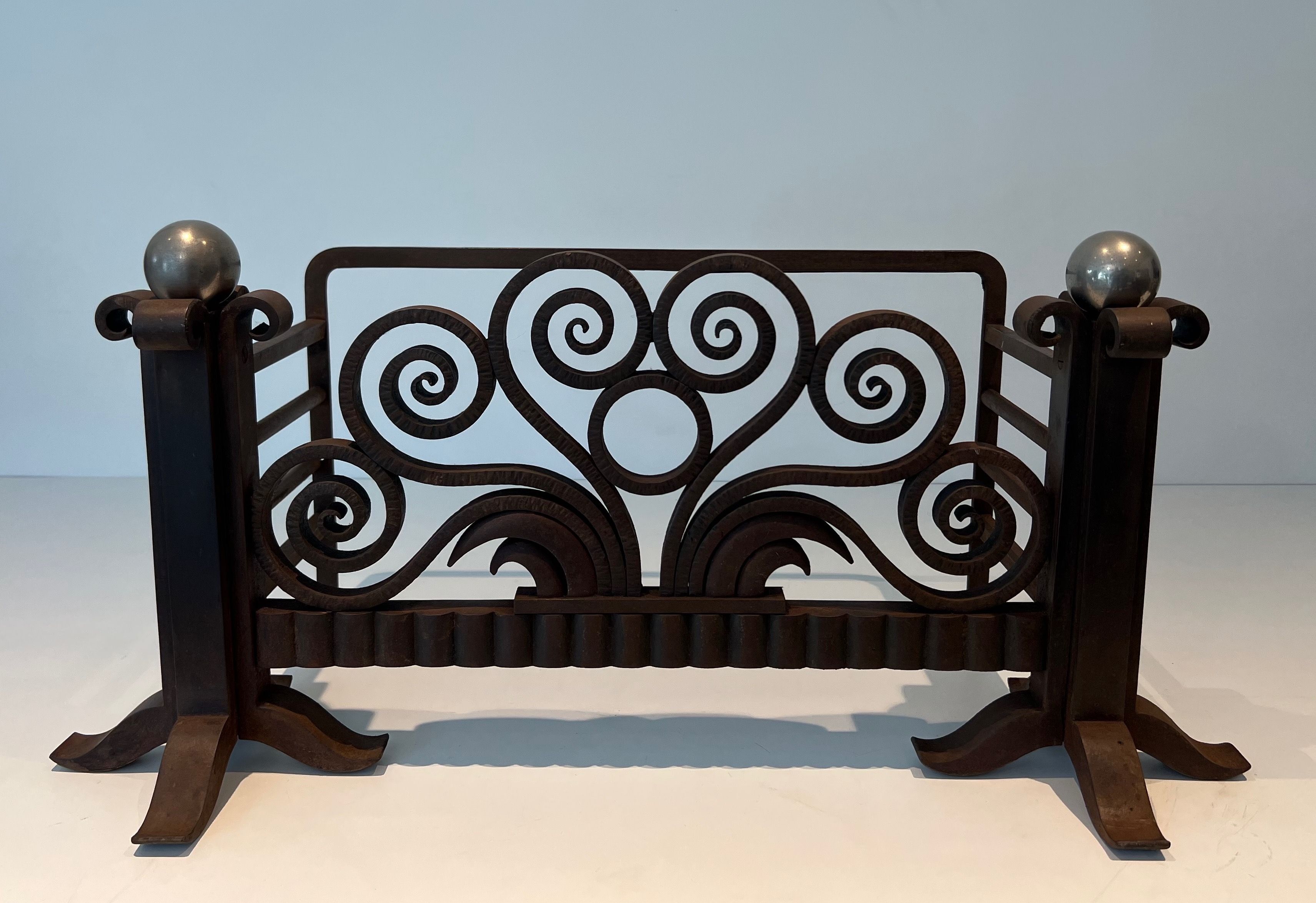 Logs Basket or Andirons Made of Wrought and Hammered Iron and Chrome In The Style of Edgard Brandt