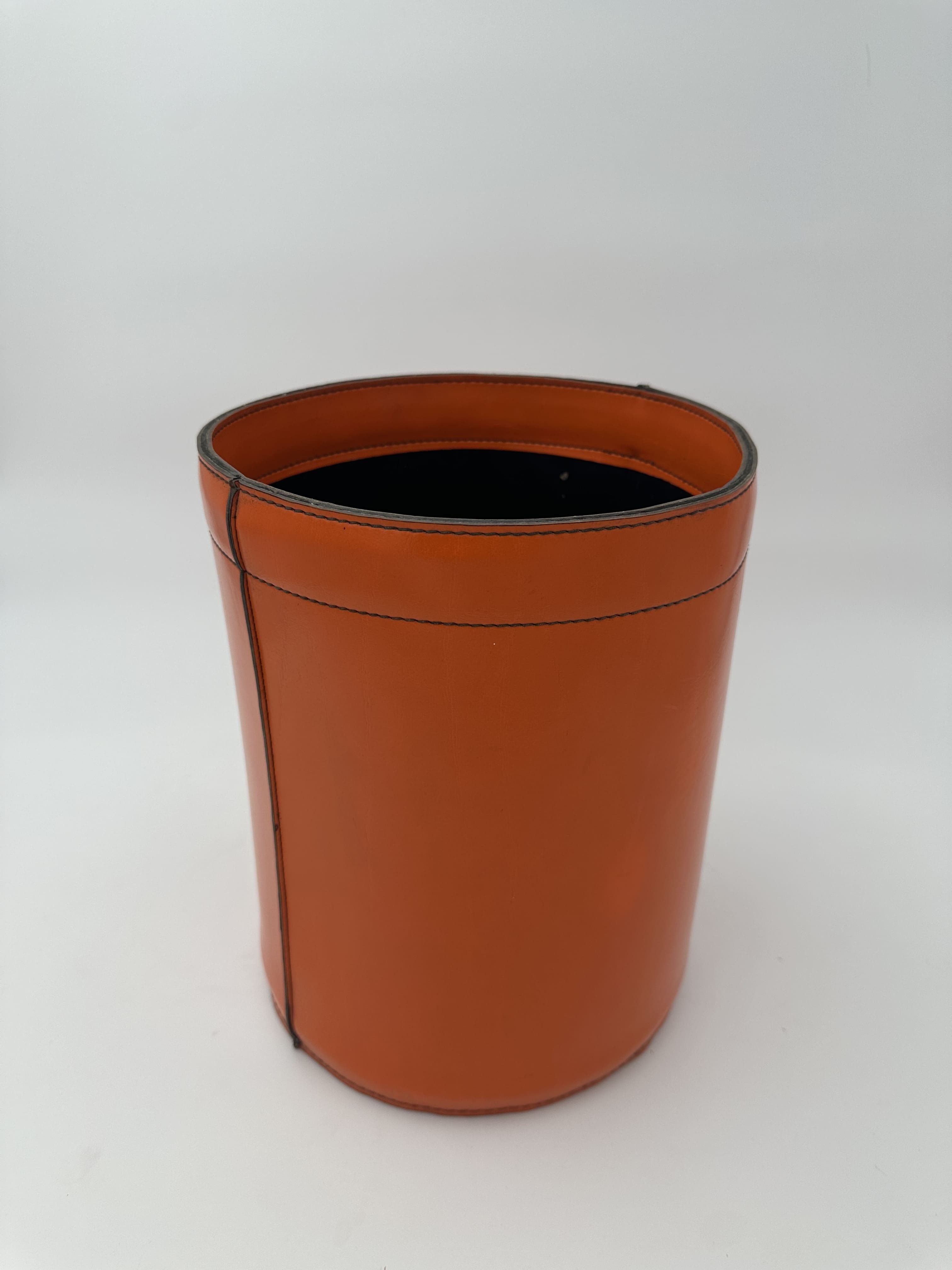 Equestrian-Style Orange Leather Wastepaper Basket, in the Taste of Hermès, 1970s-1980s