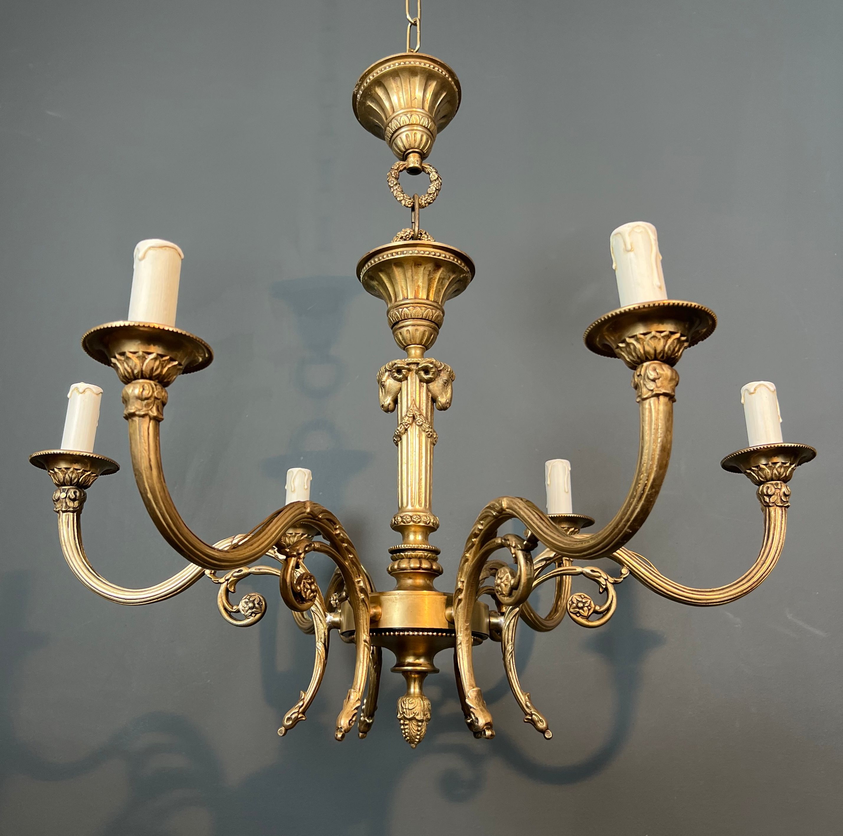 Bronze Chandelier with Ram's Heads in the Louis XVI Style. French work in the style of Maison Jansen