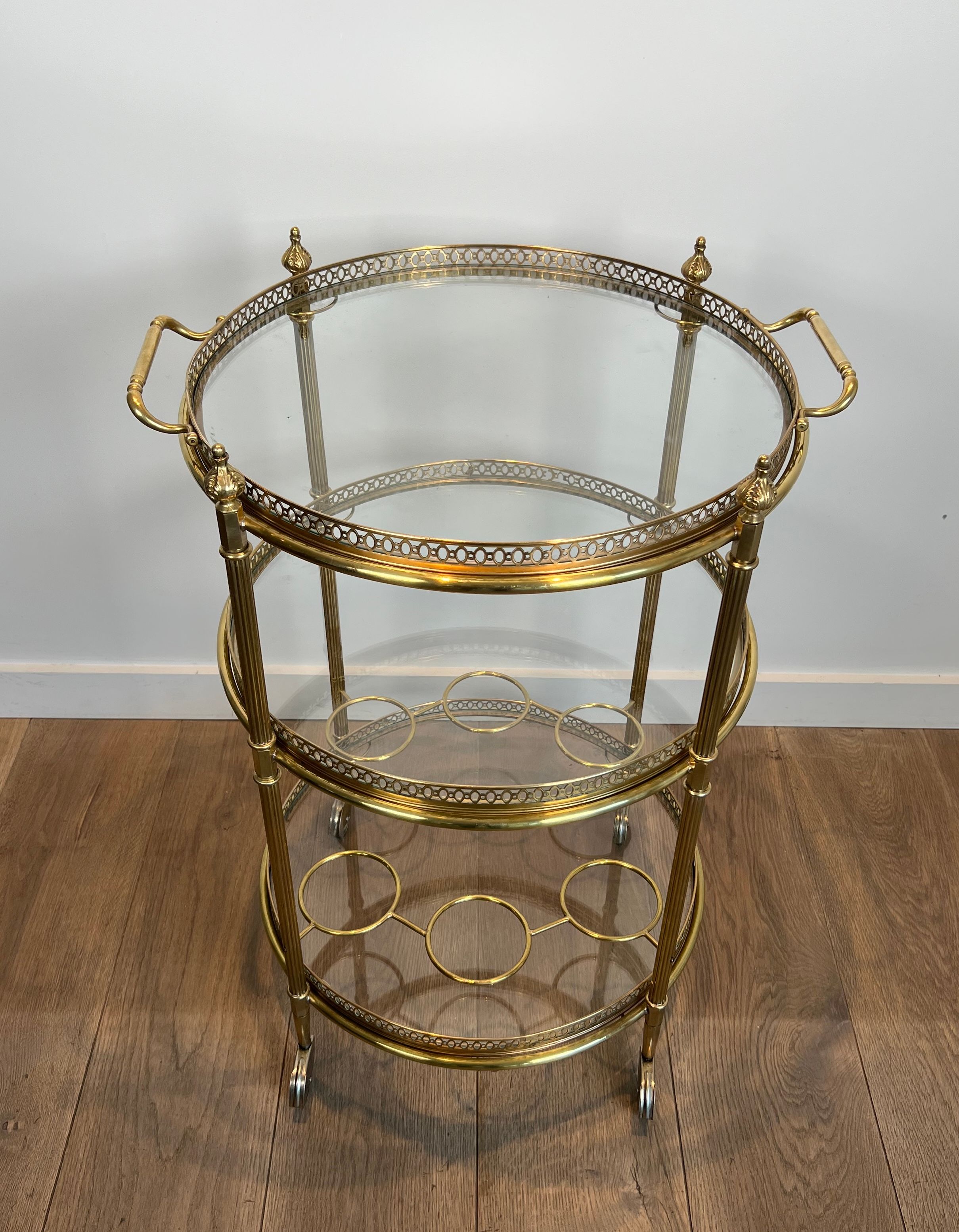 Three Tiers Neoclassical Style Round Brass Drinks Trolley Attributed to Maison Jansen