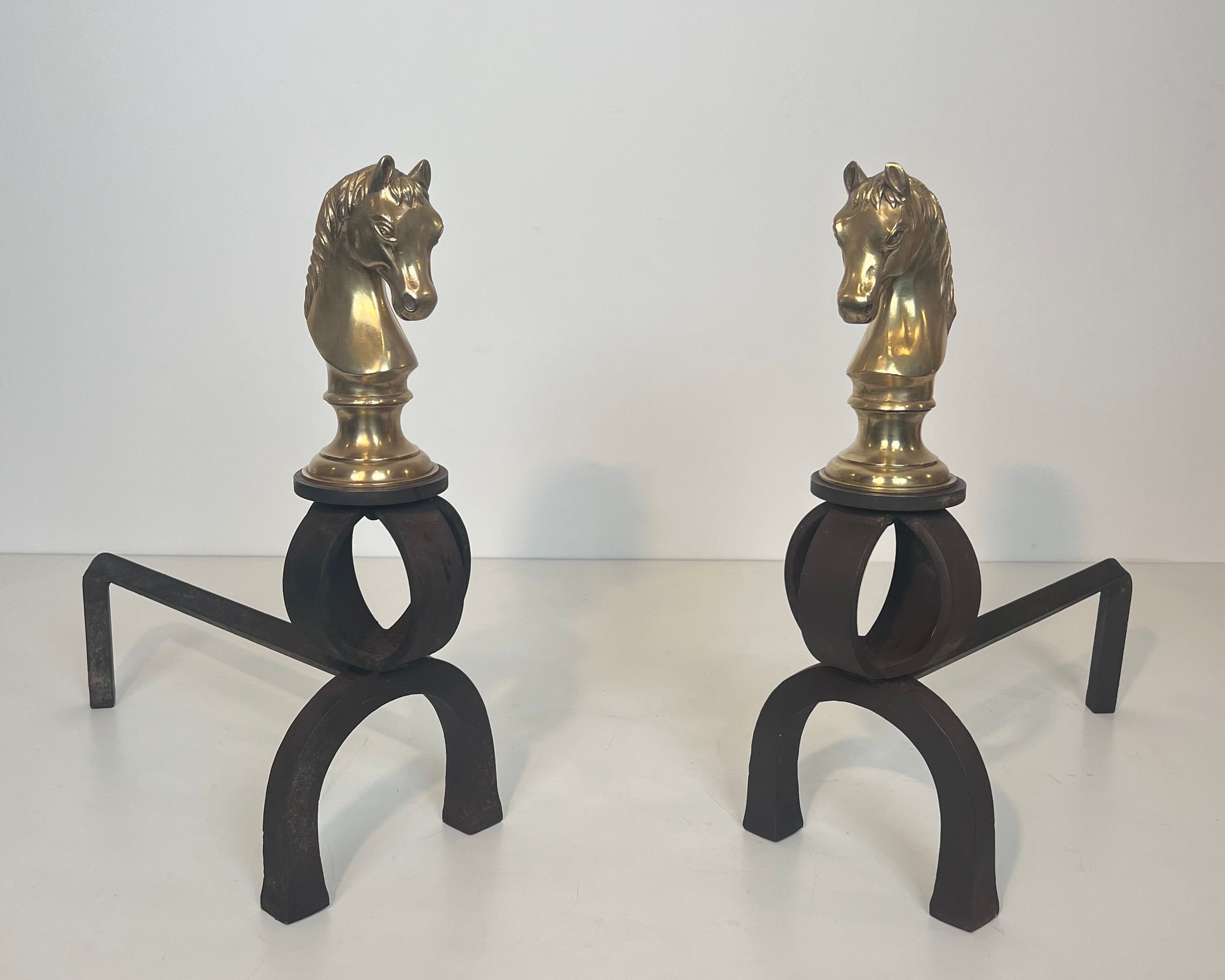 Important Pair of Bronze and Wrought Iron Andirons Representing Horse Heads