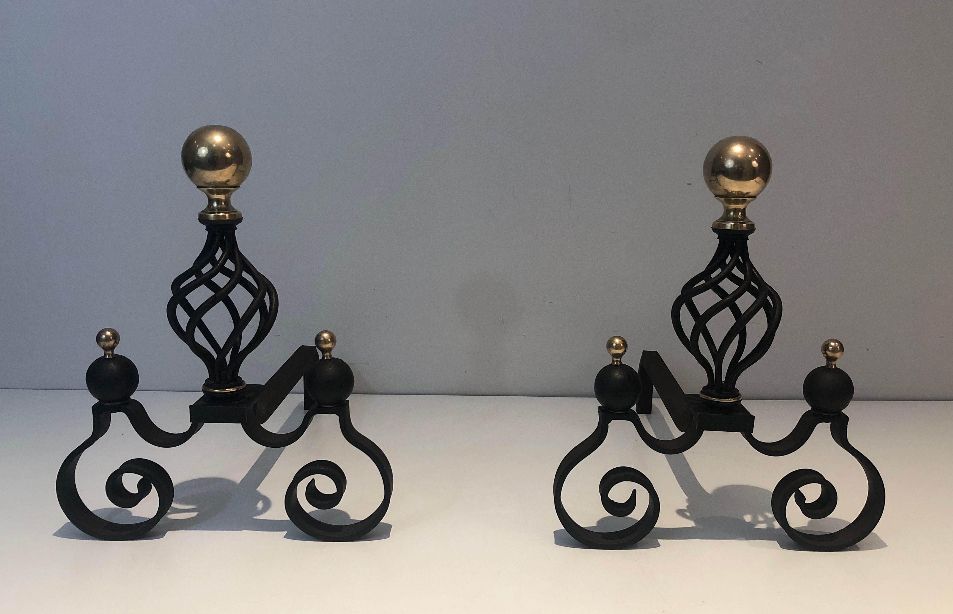 Pair of Wrought Iron and Brass Andirons