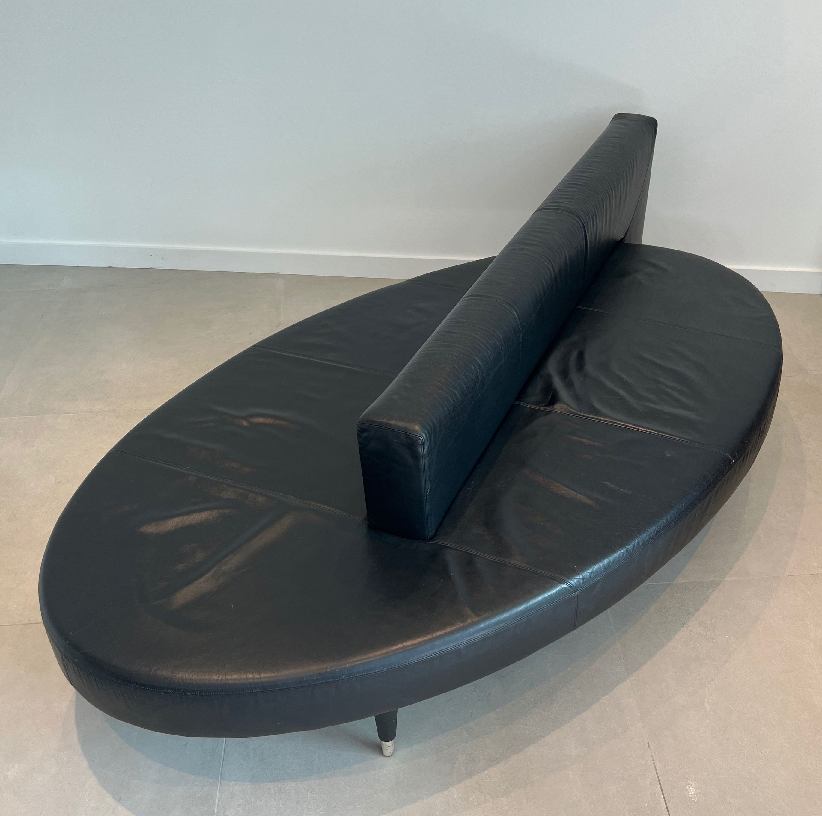 Rare Oval Design Black Leather Sofa. Circa 1970