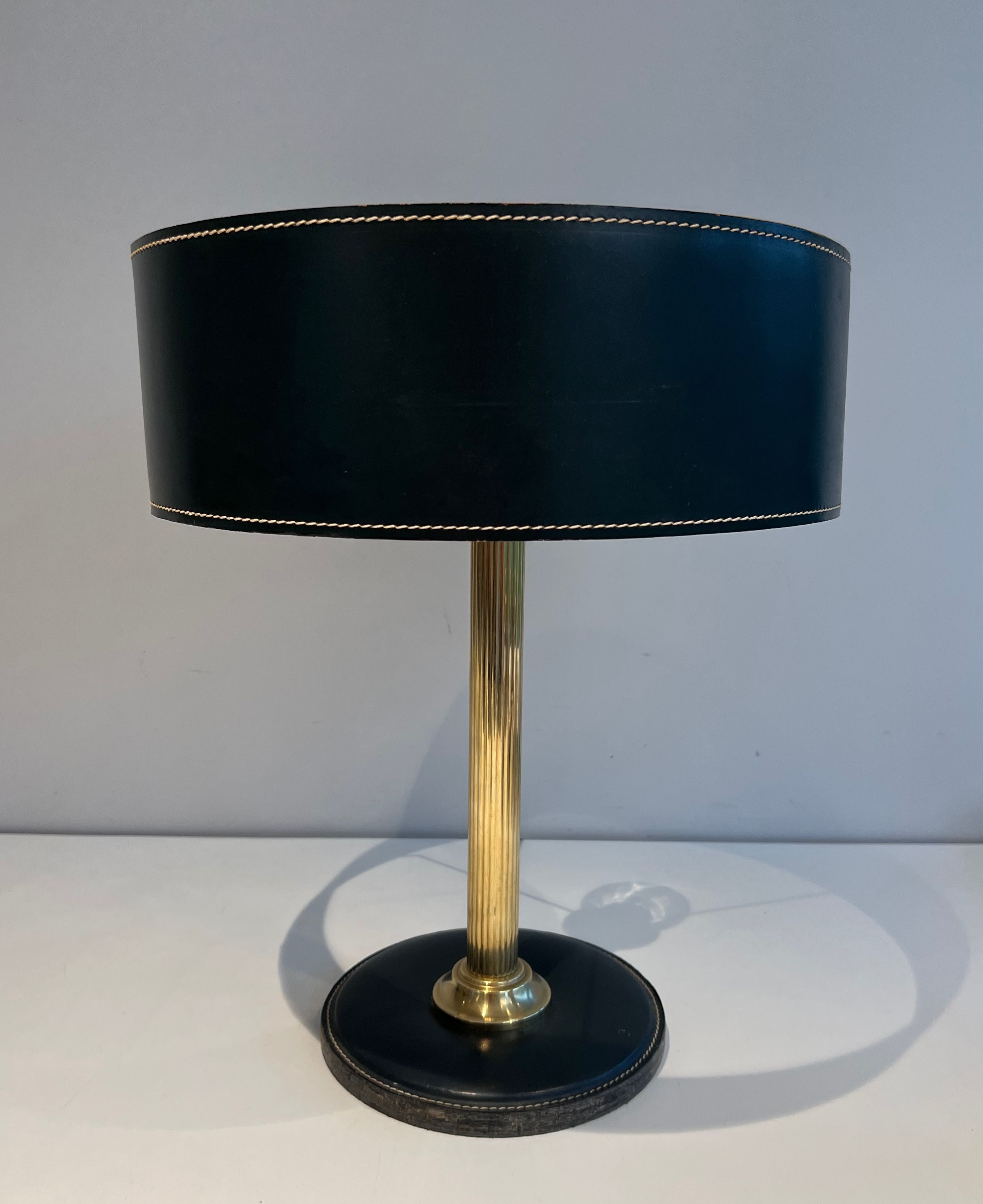 Dark Green Cellier Stitched Leather and Brass Desk Lamp in the Style of Jacques Adnet