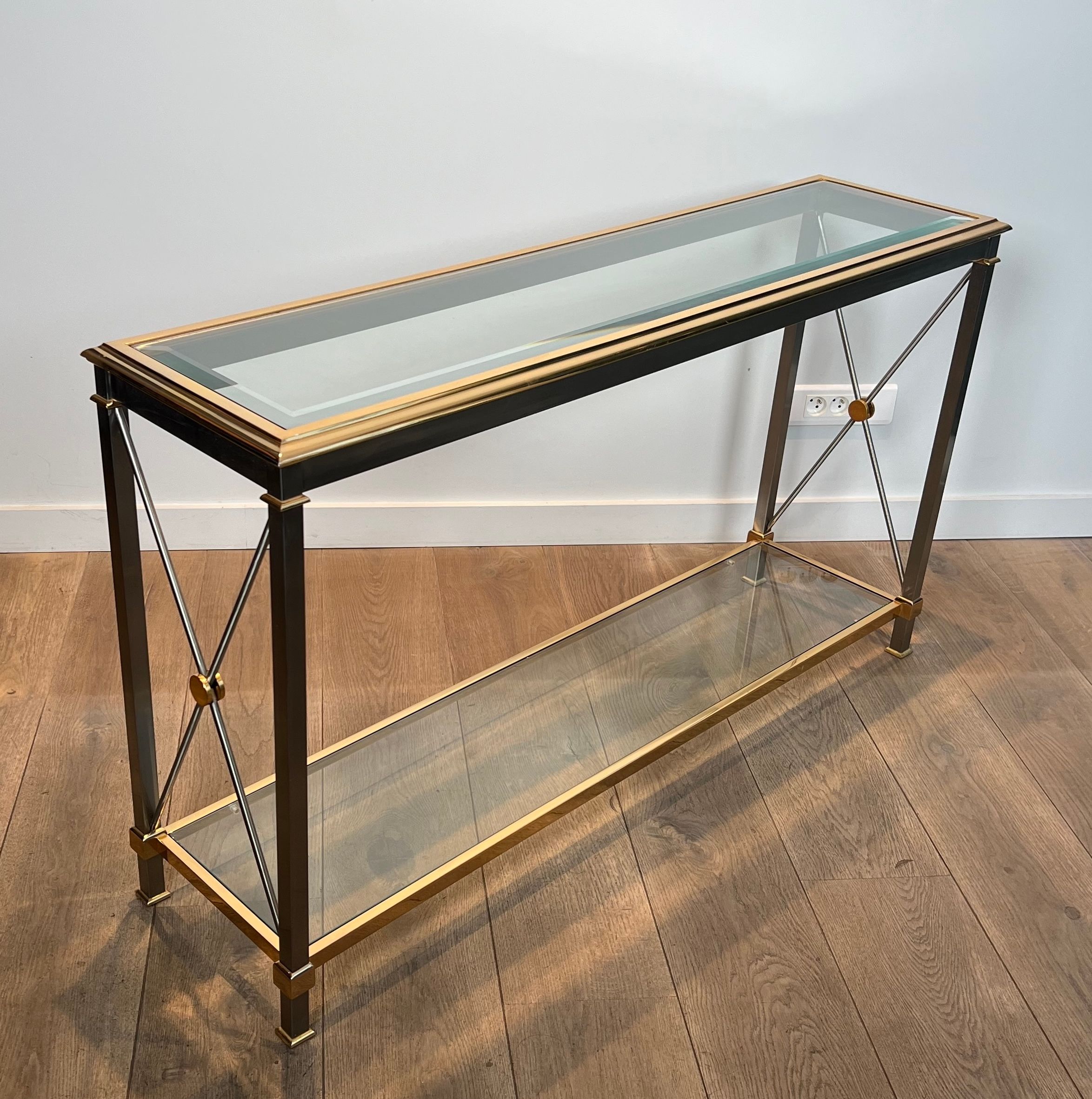 Large Neoclassical Style Gilt Brass and Gun Metal Console Table Attributed to Maison Jansen