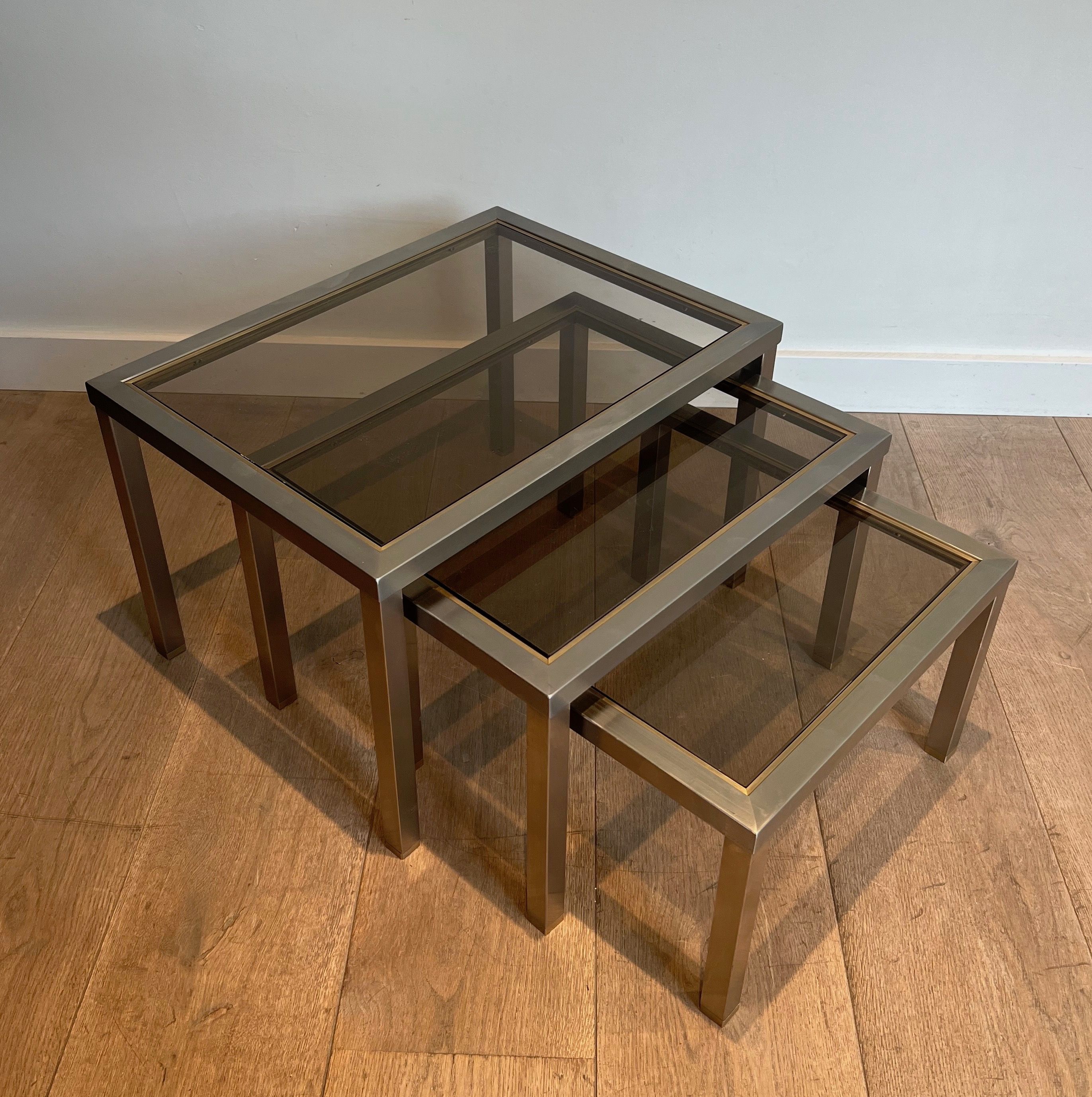 Set of 3 Brushed Steel and Brass Nesting Tables Attributed to Guy Lefèvre