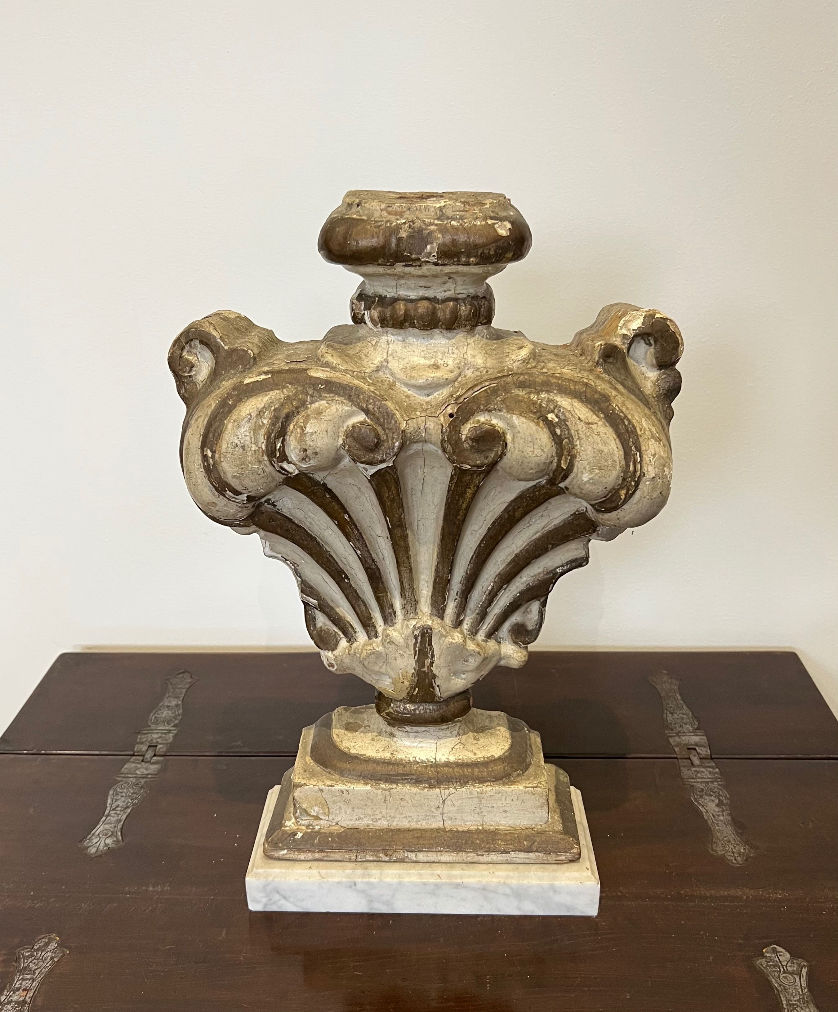 Decorative Carved Wood Element on a Marble Base. Italian work. 18th Century