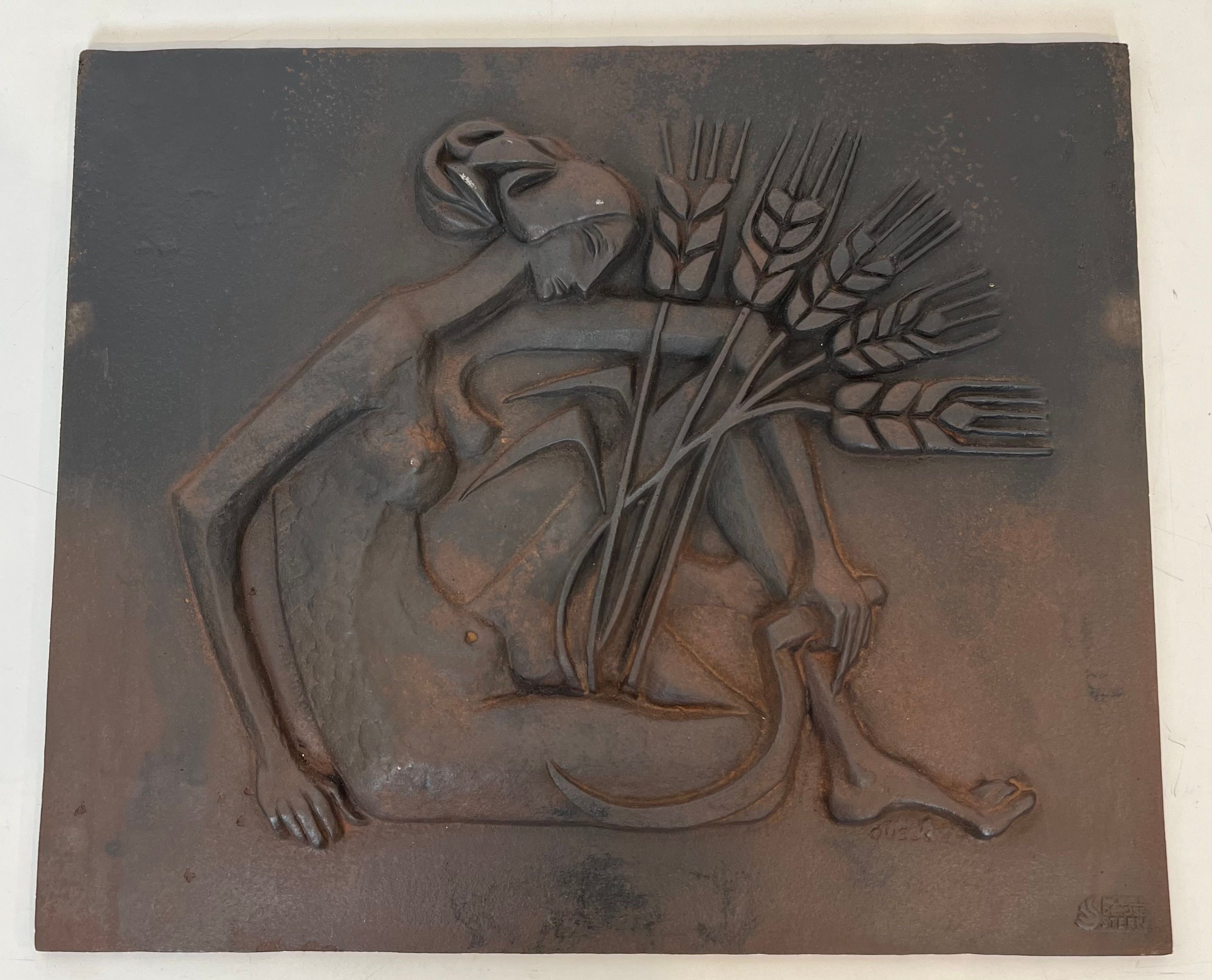 Modernist Cast Iron Fireback Representing a Nude Woman with a Scythe and Ears of Wheat