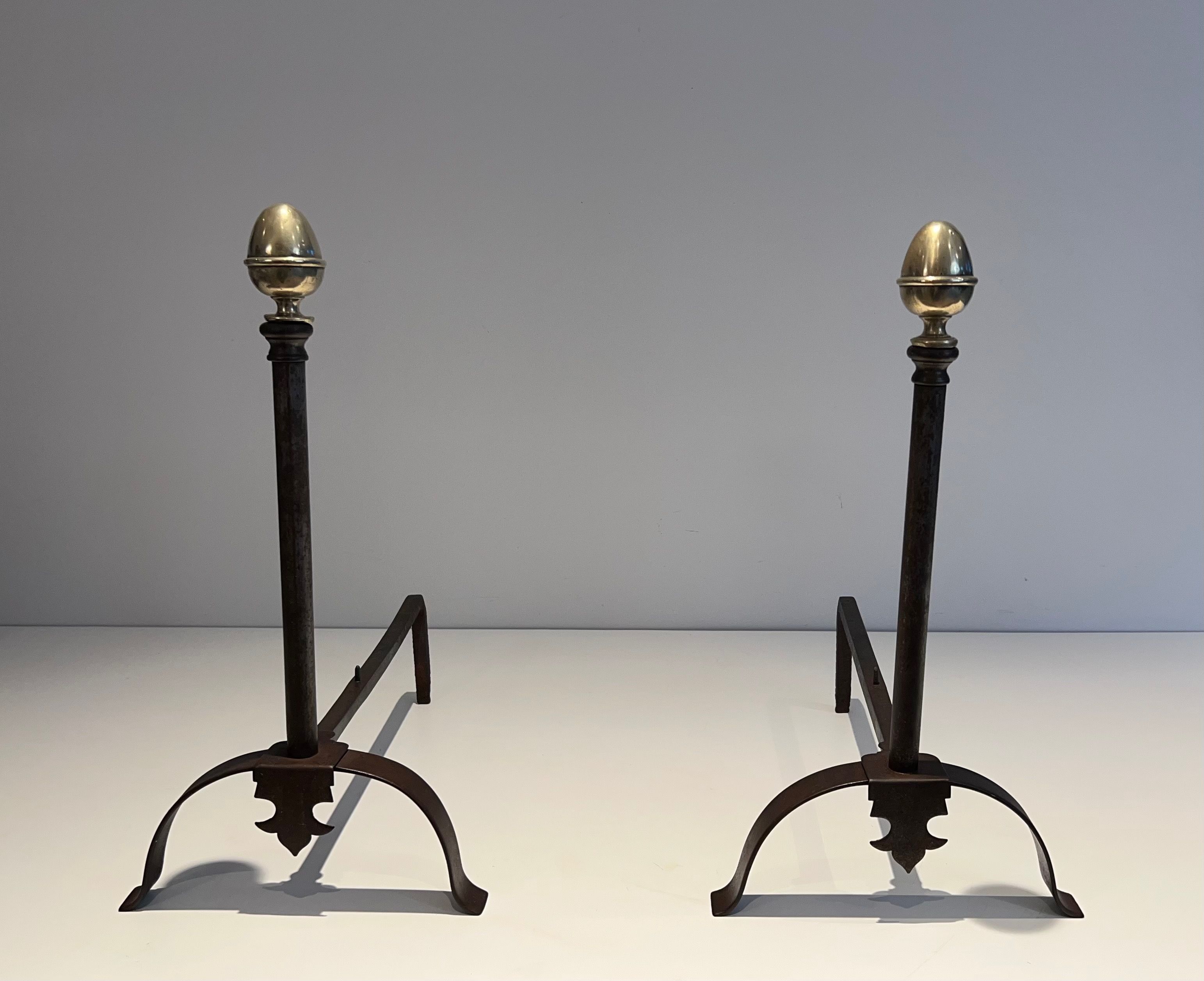 Pair of Wrought Iron and Brass Andirons