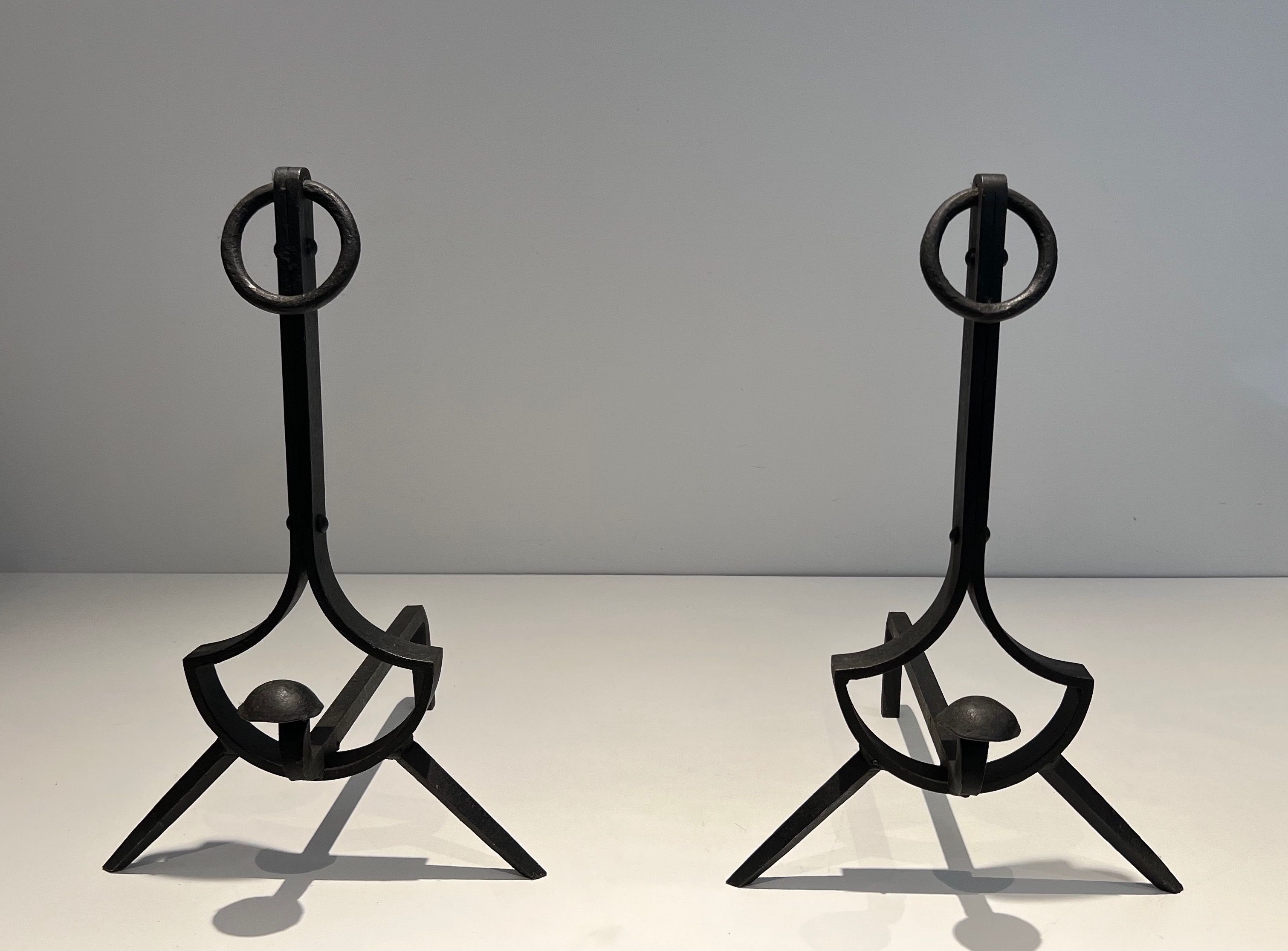 Pair of Modernist Wrought Iron Andirons