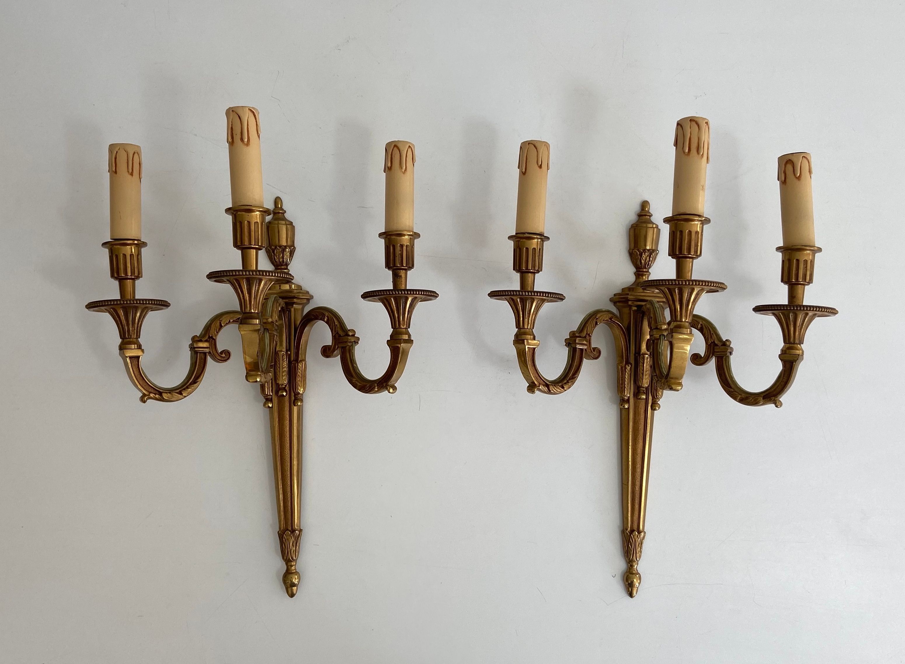 Pair of Louis the 16th Style 3 Arms Bronze Wall lIghts by Lucien Gau