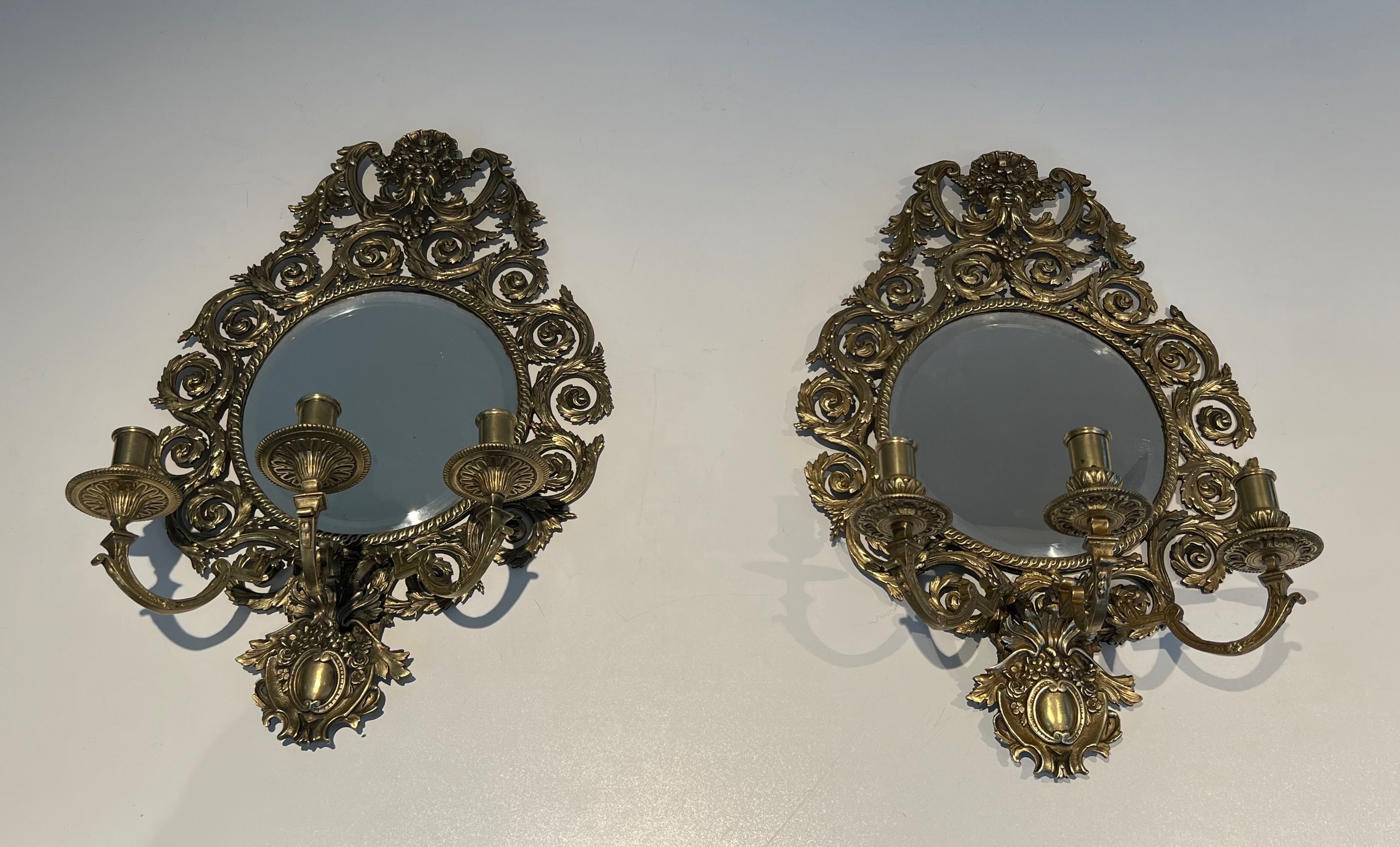 Importante Paire d'Appliques de Style Louis XIV en Bronze et Miroir 