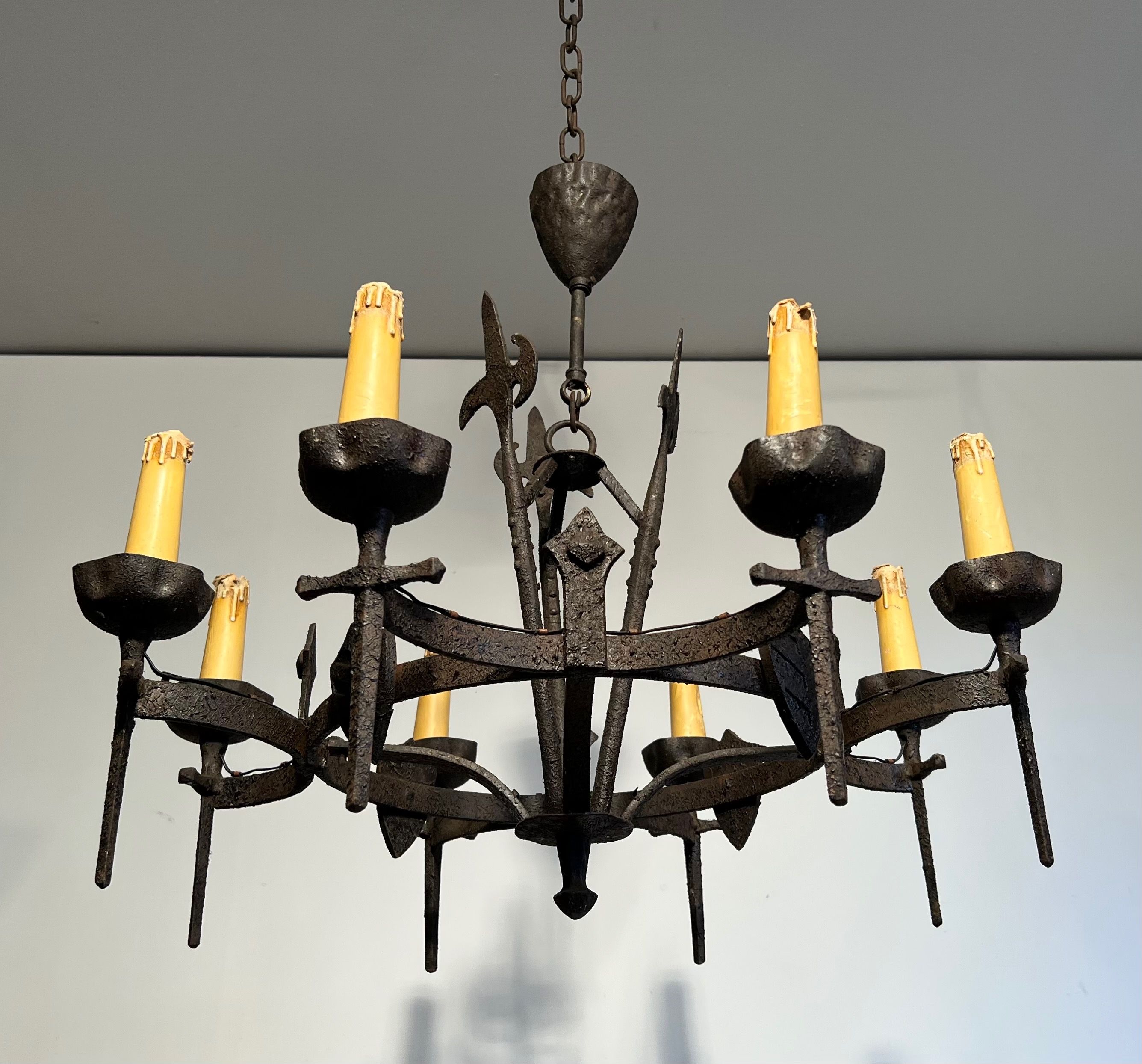 Rare Pair of  Wrought Iron Chandelier in the Gothic Style. Circa 1950