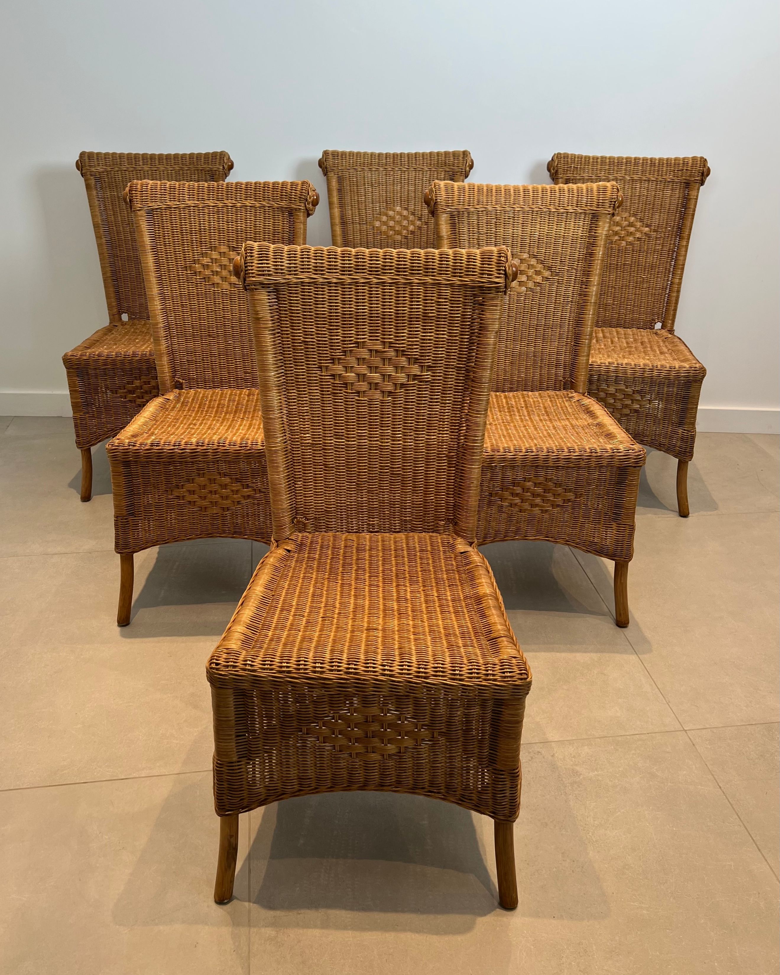 Set of Six Rattan and Wood Chairs