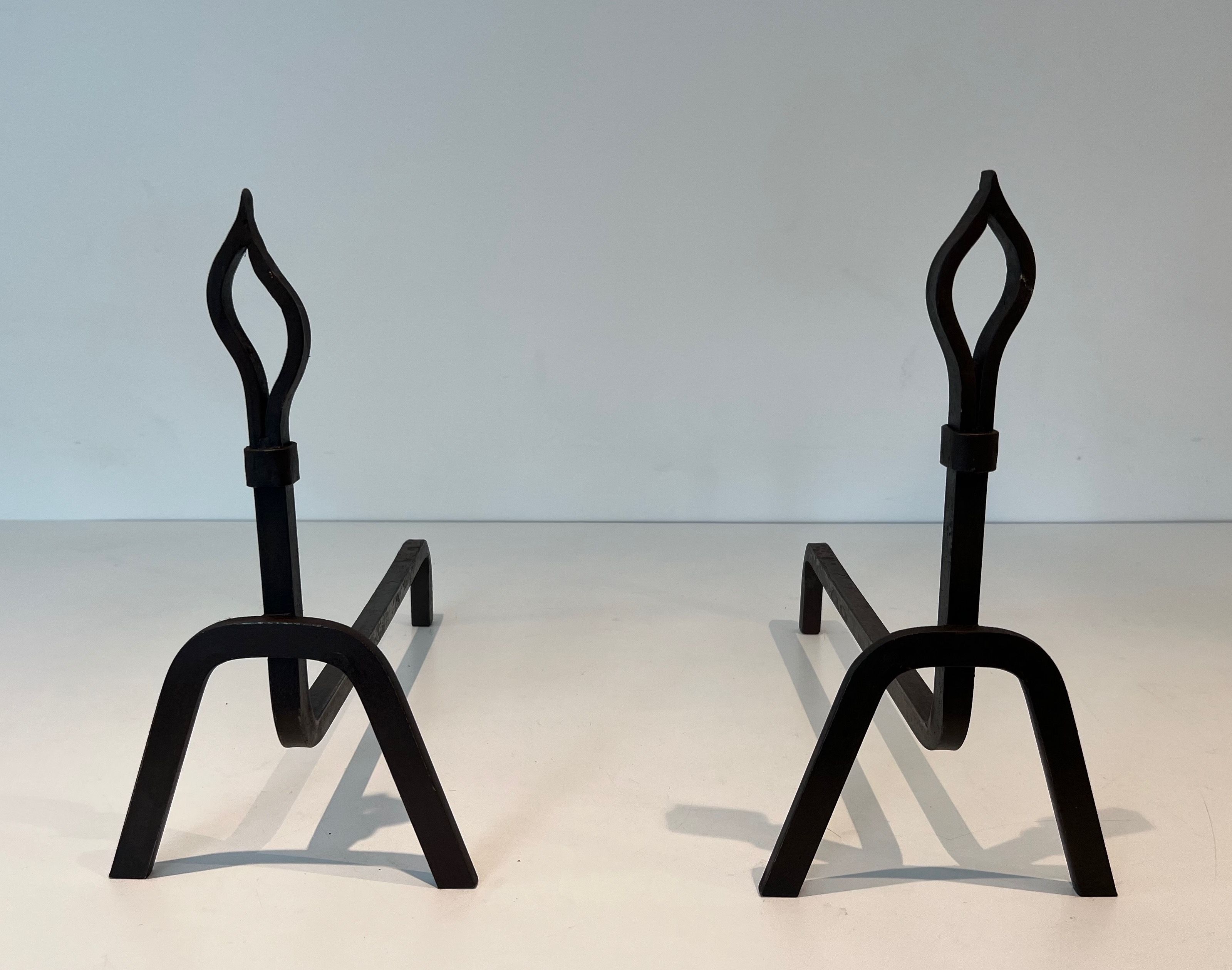 Pair of Modernist Wrought Iron Andirons