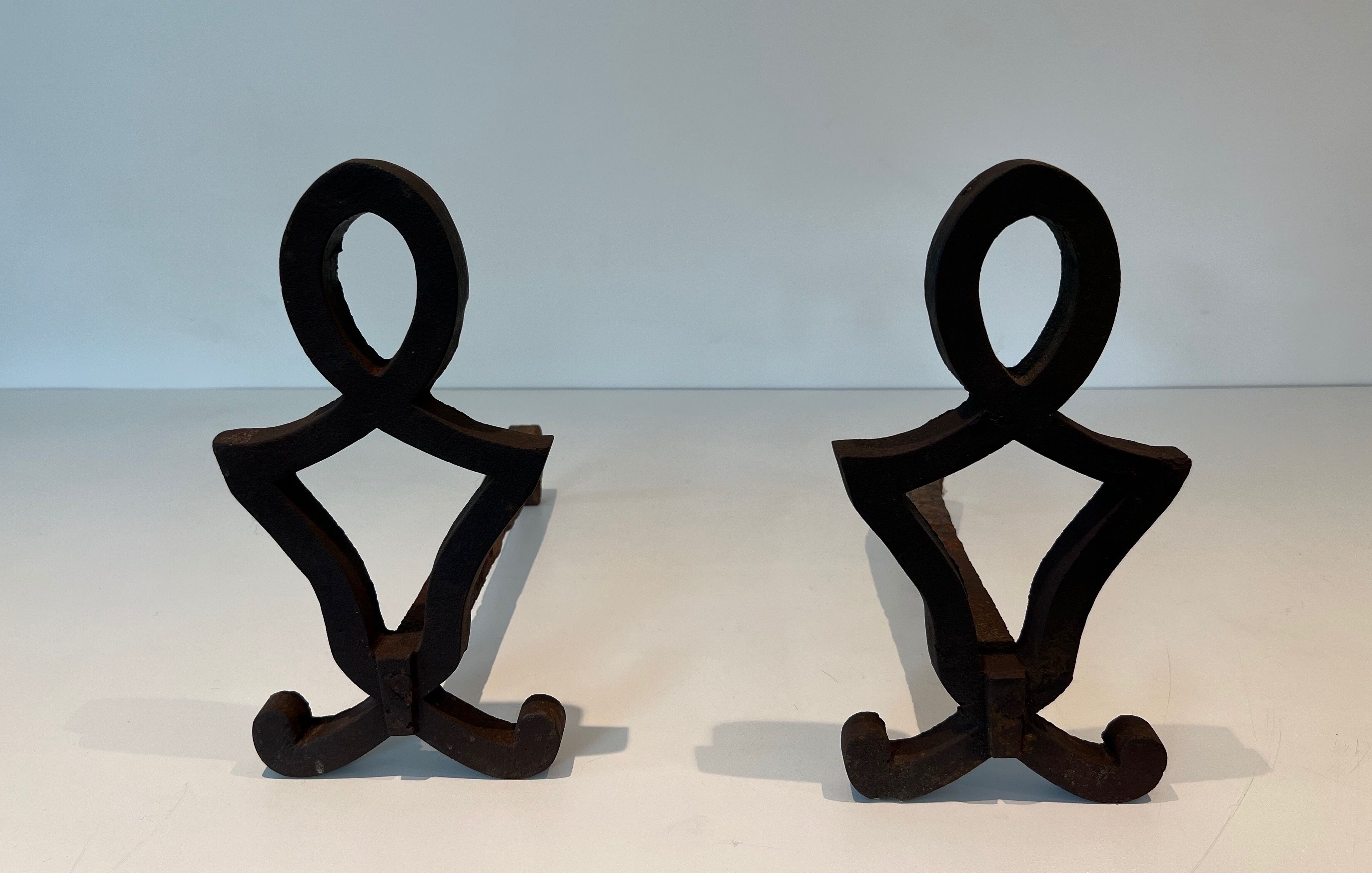 Pair of Modernist Cast Iron and Wrought Iron Andirons by Raymond Subes